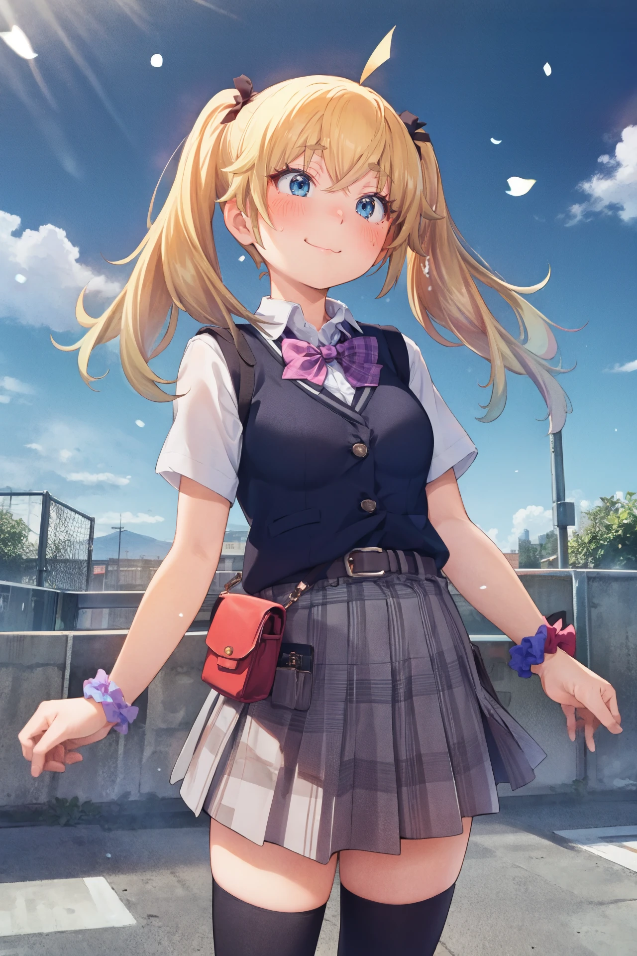 (masterpiece, top quality, extremely detailed, best quality, beautiful and aesthetic:1.2), (1girl:1.3), official art, solo, high resolution, <lora:eitopondo+NAI3-000010:1> eitopondo+, <lora:Matsushima Michiru(gr):1> Matsushima Michiru, ahoge,long hair,blonde hair,twintails,hair ribbon,black ribbon,floating hair,sidelocks,hair between eyes,blue eyes,:3, school uniform,black vest,buttons,red bowtie,plaid bowtie,collared shirt,white shirt,short sleeves,wrist scrunchie,medium breasts,fanny pack,belt pouch,red skirt,plaid skirt,zettai ryouiki,black thighhighs,loafers, wide angle, wide shot, cowboy shot, oasis, snowing, arm at side, smirk