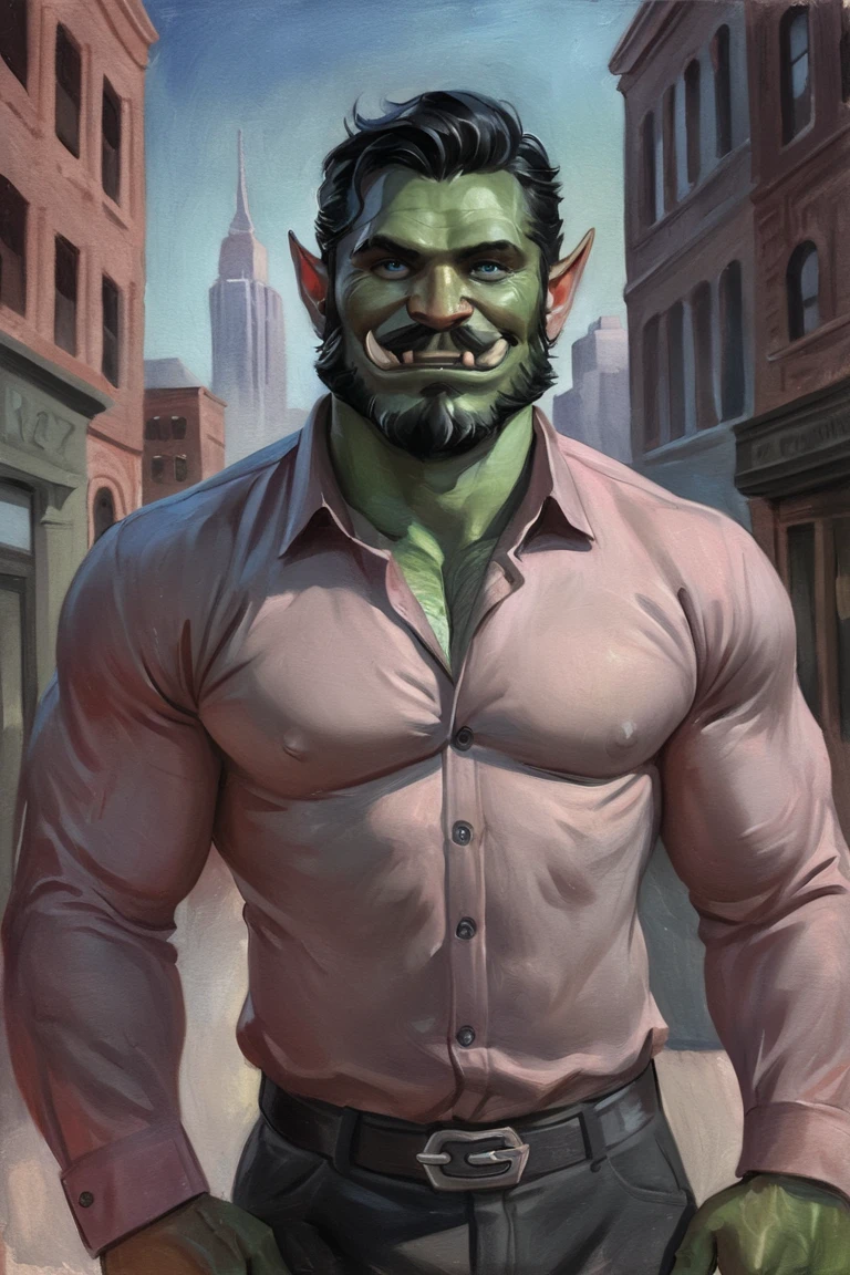 masterpiece, best quality, hi res, newest, traditional media, realistic, orc, green skin, tusks, facial hair, beard, mustache, black hair, blue eyes, pink shirt, collared shirt, long sleeves, black pants, muscular, 1boy, solo, male focus, smile, looking at viewer, cowboy shot, standing, outdoors, city, building <lora:Green Patina Style LoRA_SeaArt Furry XL 1.0:0.7>