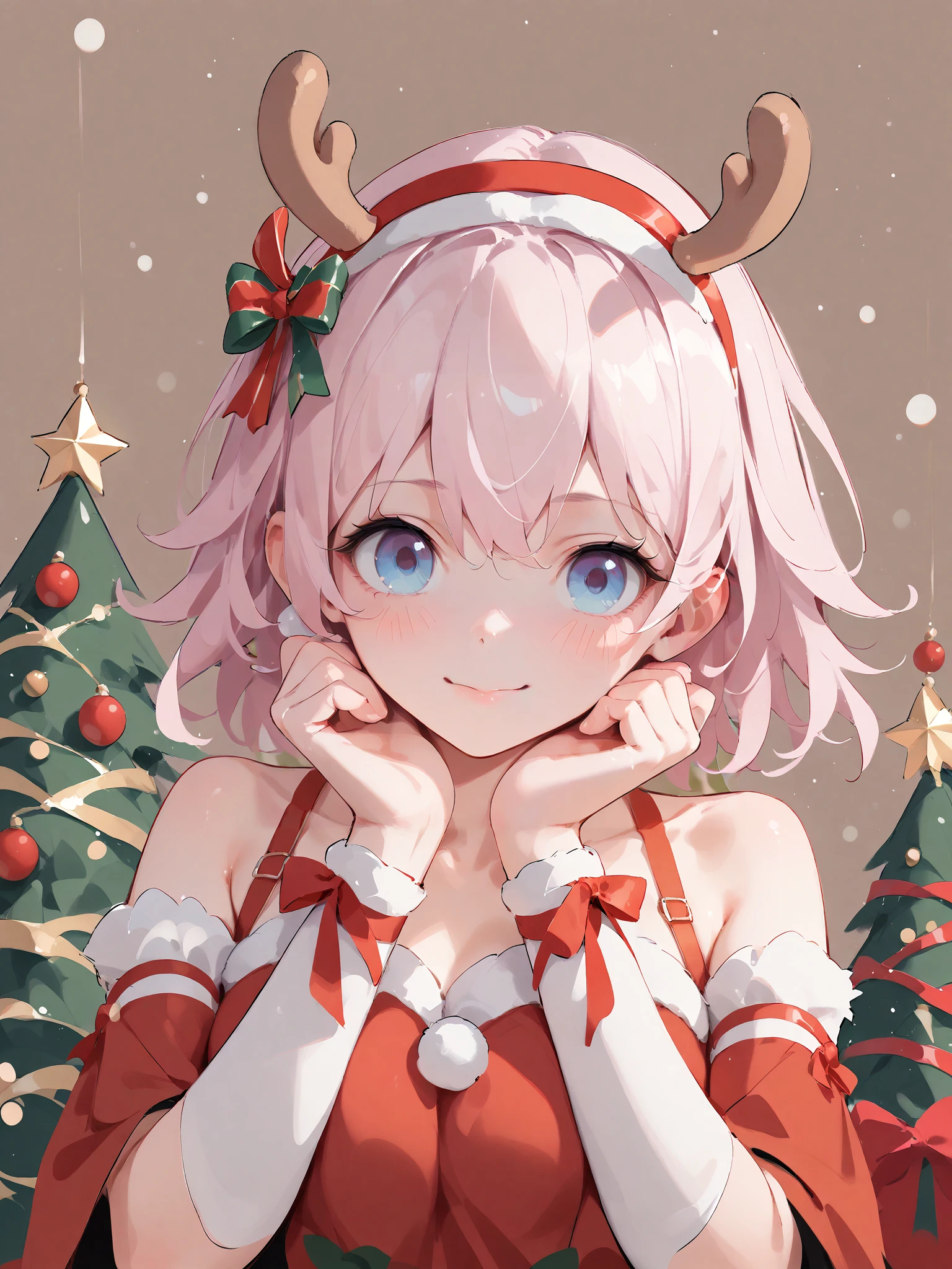 <lora:XL_myzy style(pony):0.8>,myzy style,<lora:XL_march 7th(pony):1>,March 7th,short pink hair,pink blue eyes,1girl, solo, christmas tree, smile, christmas, looking at viewer, detached sleeves, hairband, christmas ornaments, bare shoulders, upper body, reindeer antlers, blush, closed mouth, dress, hands on own cheeks, score_9,score_8_up,score_7_up,best quality, masterpiece, source_anime,