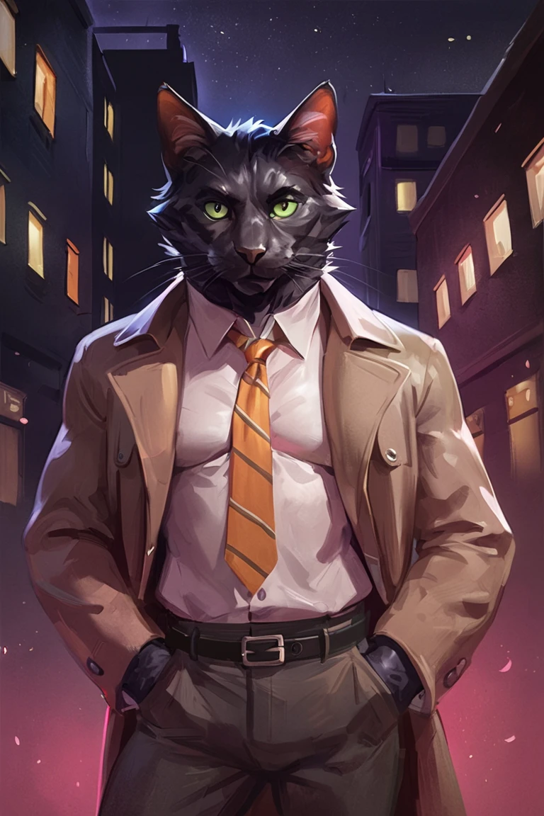 masterpiece, best quality, hi res, newest, pinkdreamsstyle, concept art, digital art, realistic, furry, black cat, cat, black fur, green eyes, white collared shirt, long sleeves, striped necktie, orange necktie, beige coat, black pants, muscular, 1boy, solo, male focus, mature male, looking at viewer, cowboy shot, standing, outdoors, city, building, night, night sky, dark background <lora:Pink Dreams Style LoRA_SeaArt Furry XL 1.0:0.7>