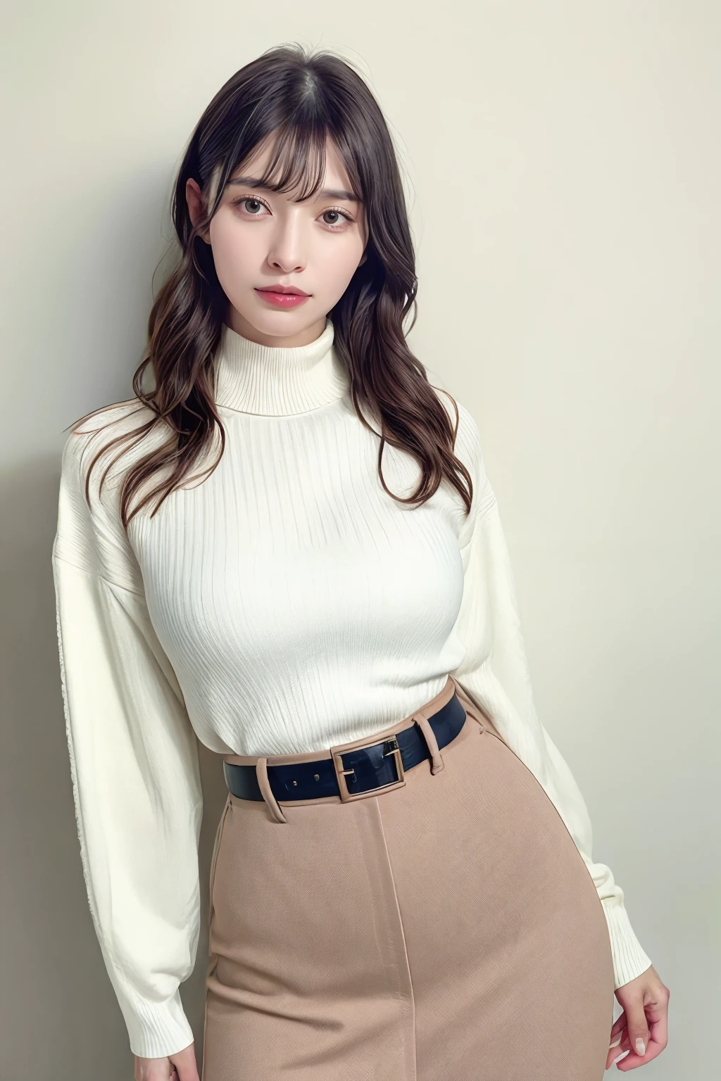 luster tight knit shirt, (latex red tight skirt), leather shoulder bag, Dynamic pose, Below the waist shot, haunting smile, moist lips, brown dyed hair, irises and pupils are rounded, the pupil reflects the surroundings, eyes are not the same size, hoop earrings, Middle eyes, perfect eyes, watery eyes, thick bangs, Thin legs, high detailed skin, visible pores, large breasts, pink lip make, 19 year old girl leaning against the wall of a college building near University Avenue with a leather bag hanging over her shoulder, ultra high res, photorealistic, realistic, front light, professional lighting, best quality, photo-realistic, photon mapping, radiosity, physically-based rendering, automatic white balance, technological sense, best quality, masterpiece, illustration, CG, unity, wallpaper, official art, Amazing, finely detail, an extremely delicate and beautiful, extremely detailed, highly detailed, sharp focus, rich background, blurry background, strong sunlight, real person, photograph.