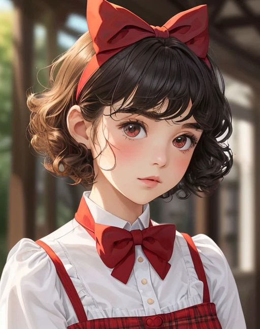1girl, upper body, hair bow, face focus, curly short hair, red bow