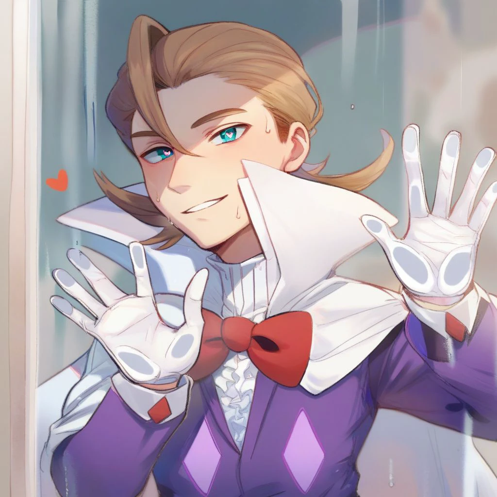 score_9,score_8_up,score_7_up,score_6_up,score_5_up,score_4_up, solo, 1boy, male focus, light brown hair, blue eyes, purple shirt, red bowtie, white cape, purple pants, inner frills, white gloves, looking at viewer, smile, against glass, heart-shaped pupils, parted lips, sweat, breath