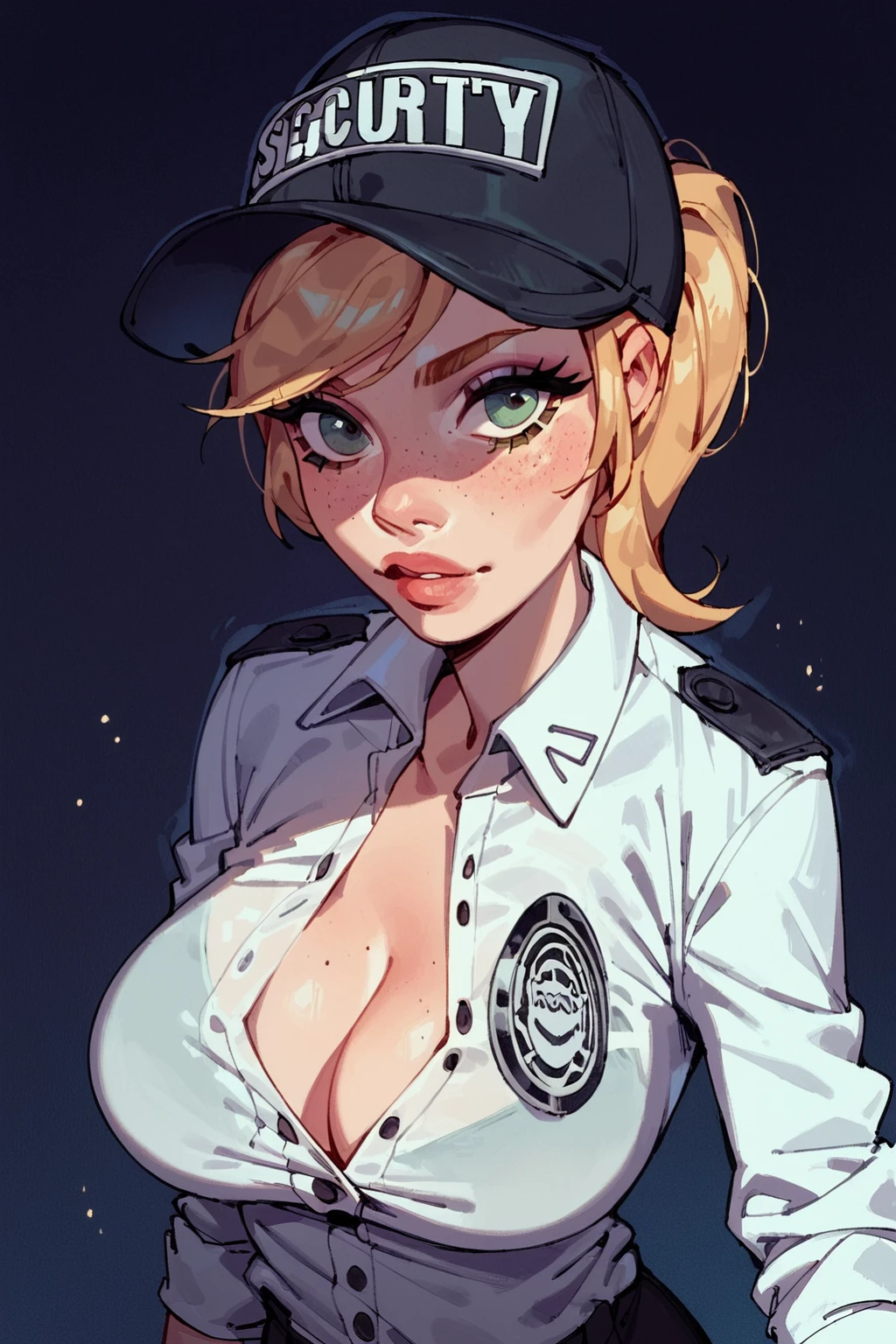 score_9, score_8_up, score_7_up, score_6_up, score_5_up,    <lora:Vanessa - FNAF:1> vanessa, black cap, security cap, dark background, white shirt, buttoned shirt, big breasts