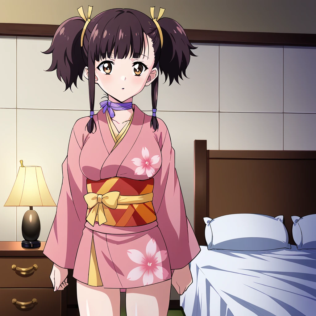 NoTagGiven,  <lora:Mumei - Koutetsujou no Kabaneri-000003:1>, 1girl, standing, bedroom, bed, medium breasts, "KabaneriMumei,short hair,brown eyes,ribbon choker,purple ribbon,Pink Kimono,twintails,japanese clothes,ribbon,long sleeves,short kimono,floral print,yellow sash,obi"