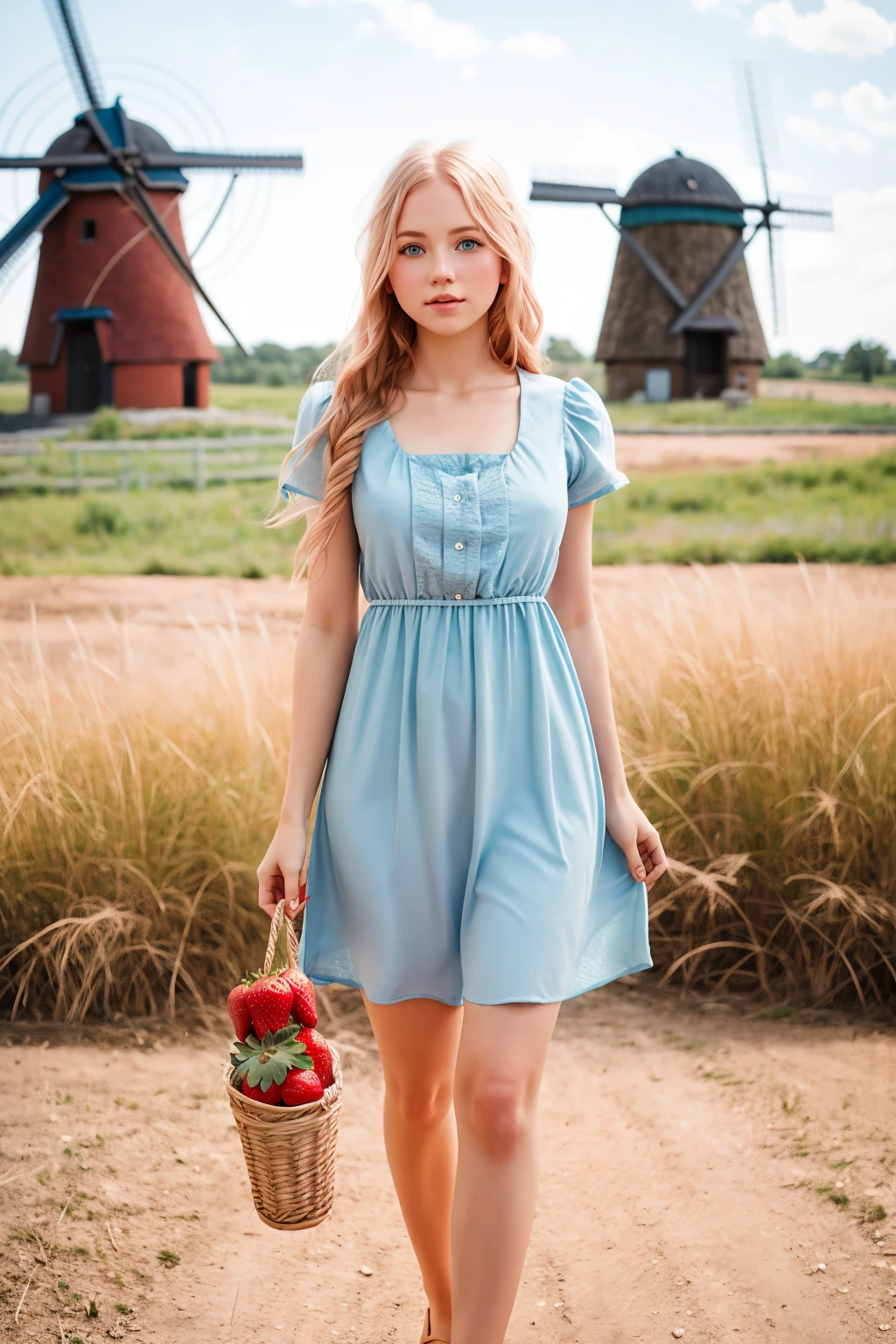 texture cinematic photo young woman in Pastel Blue chmdrss, full body view, Strawberry blond long hair, Rustic Windmills <lora:Charming dress v1.07:1> . 35mm photograph, film, bokeh, professional, 4k, highly detailed top down close-up