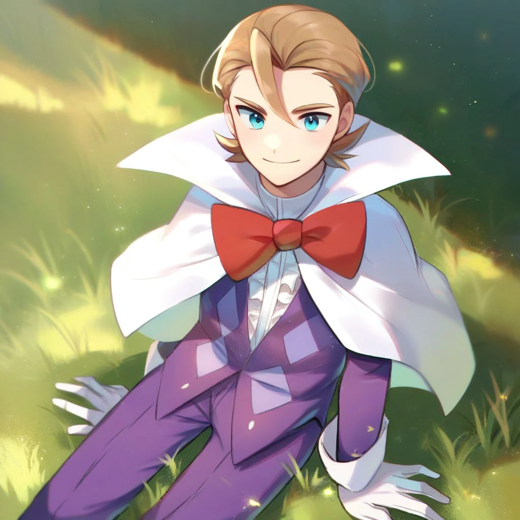 score_9,score_8_up,score_7_up,score_6_up,score_5_up,score_4_up, solo, 1boy, male focus, light brown hair, blue eyes, purple shirt, red bowtie, white cape, purple pants, inner frills, white gloves, sitting, outdoors, smile, grass