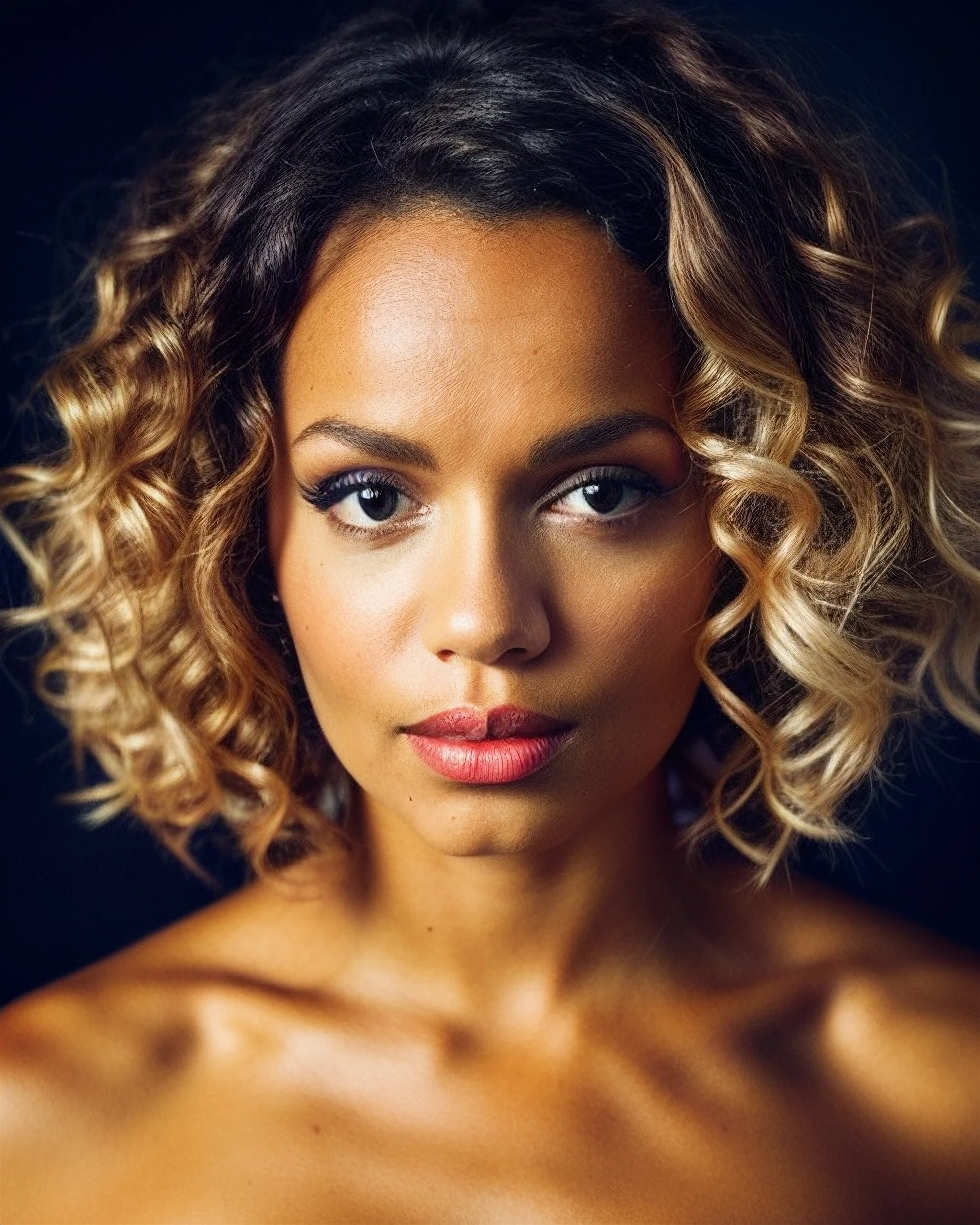 galicecampbell, curly hair, makeup, jewelry, elegant, portrait, antique, formal 16mm, color graded portra 400 film, remarkable color, remarkable, detailed pupils
