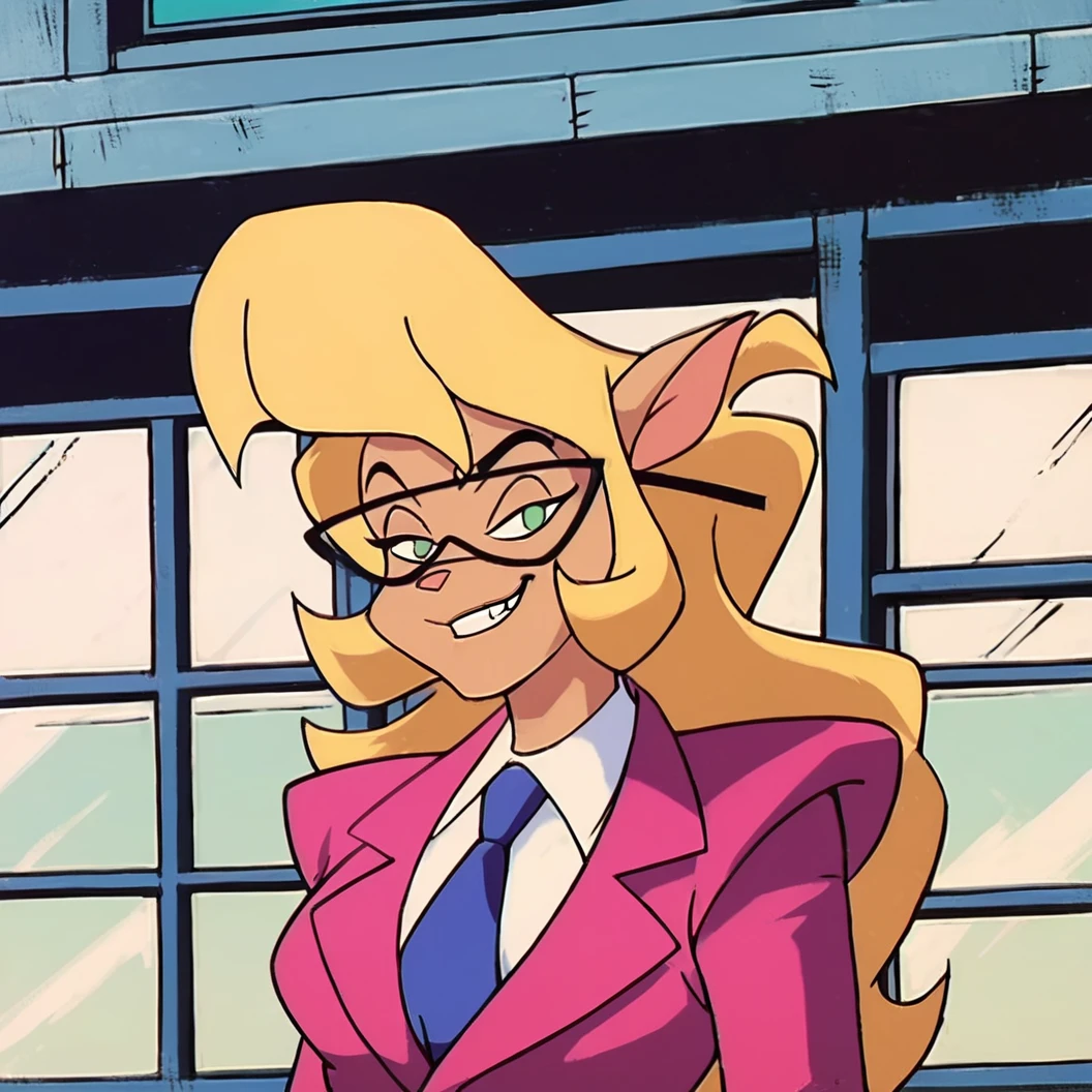 score_9, score_8_up, score_7_up, score_6_up, score_5_up, score_4_up, (Source swat kats), (rating safe), 1girl solo, outdoors, sun, trees, wearing pink suit, necktie, blonde hair, tail, looking at viewer, smug expression, grin, furry female, glasses, <lora:CallieBriggsXL:1>
