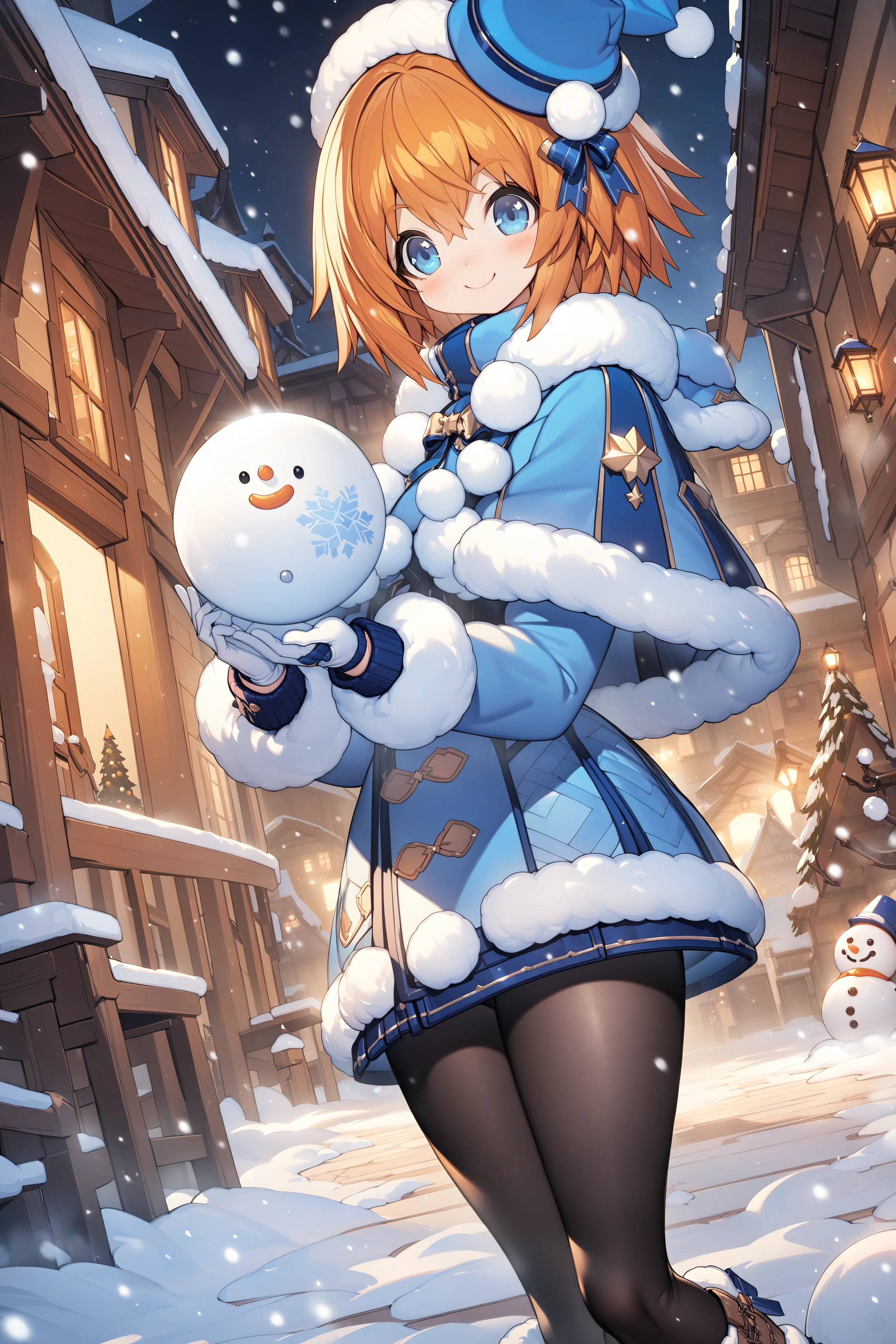 , masterpiece, absurdres, high detail, official art, 8k,
winter village, snowing, snow man,
standing, holding snowball, smile,
young girl, tkle, orange hair, short hair, blue hat, winter clothes, long sleeves, fur-trimmed capelet, blue capelet, white gloves, black pantyhose, lace-up boots
<lora:XL_Animagine_uchihime-twinkle-t1:0.9>