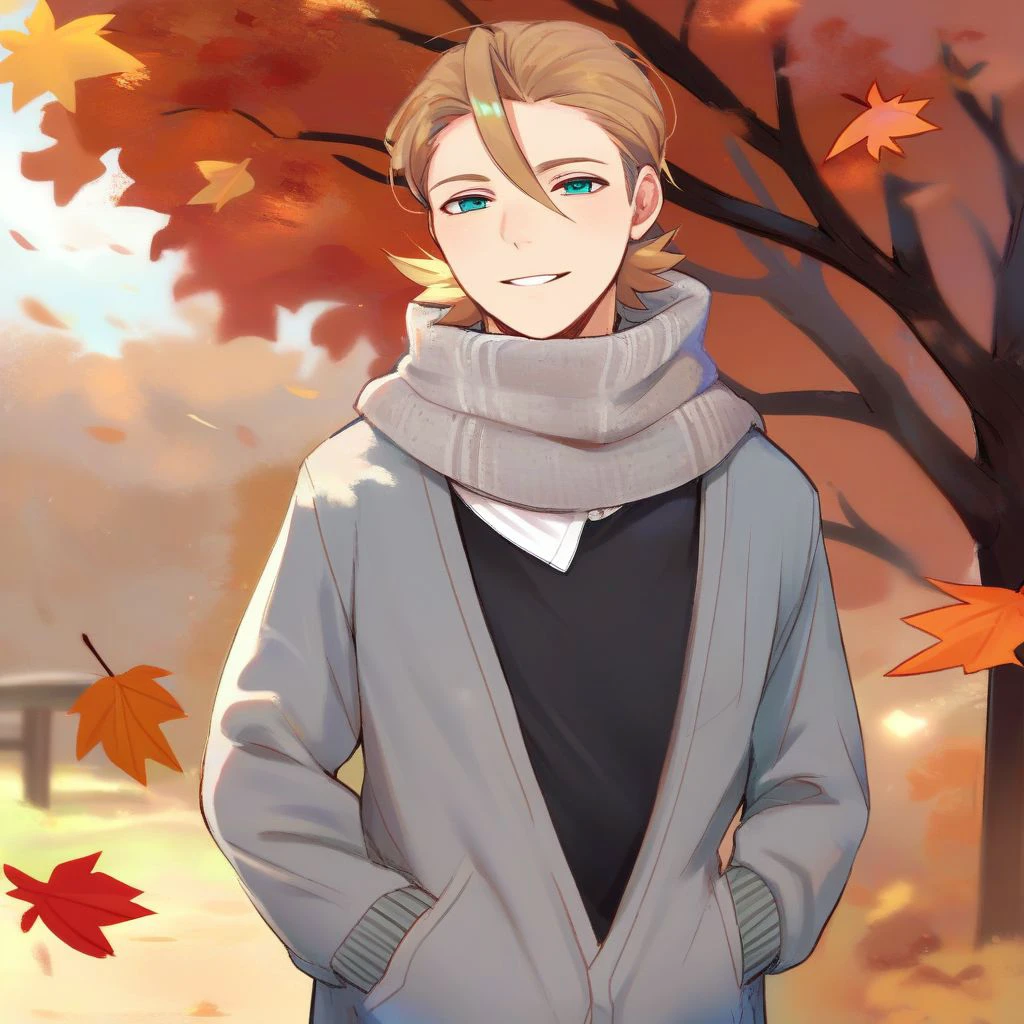 score_9, score_8_up, score_7_up, score_6_up, score_5_up, score_4_up, solo, 1boy, male focus, light brown hair, blue eyes, black shirt, grey cardigan, half-closed eyes, smile, parted lips, outdoors, scarf, autumn, falling leaves, looking at viewer, hands in pockets