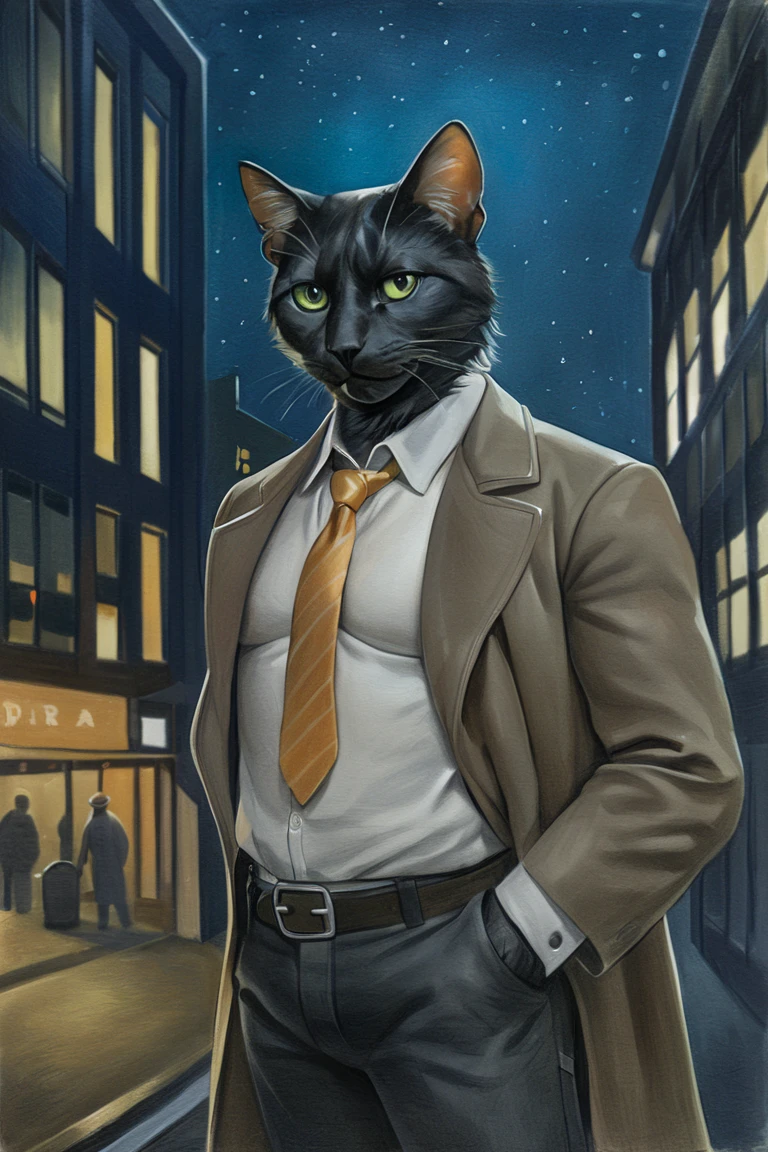 masterpiece, best quality, hi res, newest, traditional media, realistic, furry, black cat, cat, black fur, green eyes, white collared shirt, long sleeves, striped necktie, orange necktie, beige coat, black pants, muscular, 1boy, solo, male focus, mature male, looking at viewer, cowboy shot, standing, outdoors, city, building, night, night sky, dark background <lora:Turquoise Style LoRA_SeaArt Furry XL 1.0:0.7>