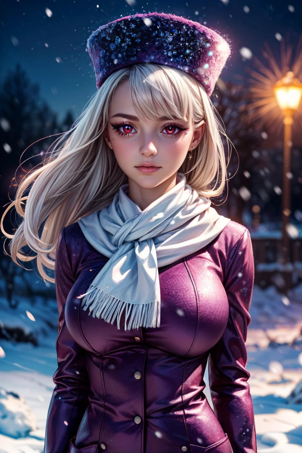 (ultra realistic,32k, masterpiece:1.2),(high detailed skin:1.1),( high quality:1.1), <lora:IllyasvielVonEinzbern_v1:0.8>, zzIllya, red eyes, white hair, papakha, purple headwear, looking at viewer, white scarf, floating hair, upper body, closed mouth, night, outdoors, snowing, sky blooming stars, luminescent petals, otherworldly fragrance blurry background, (looking at viewer, standing:1.1), huge breast, large breast, <lora:add_detail:0.92>, (glowwave:1.1),