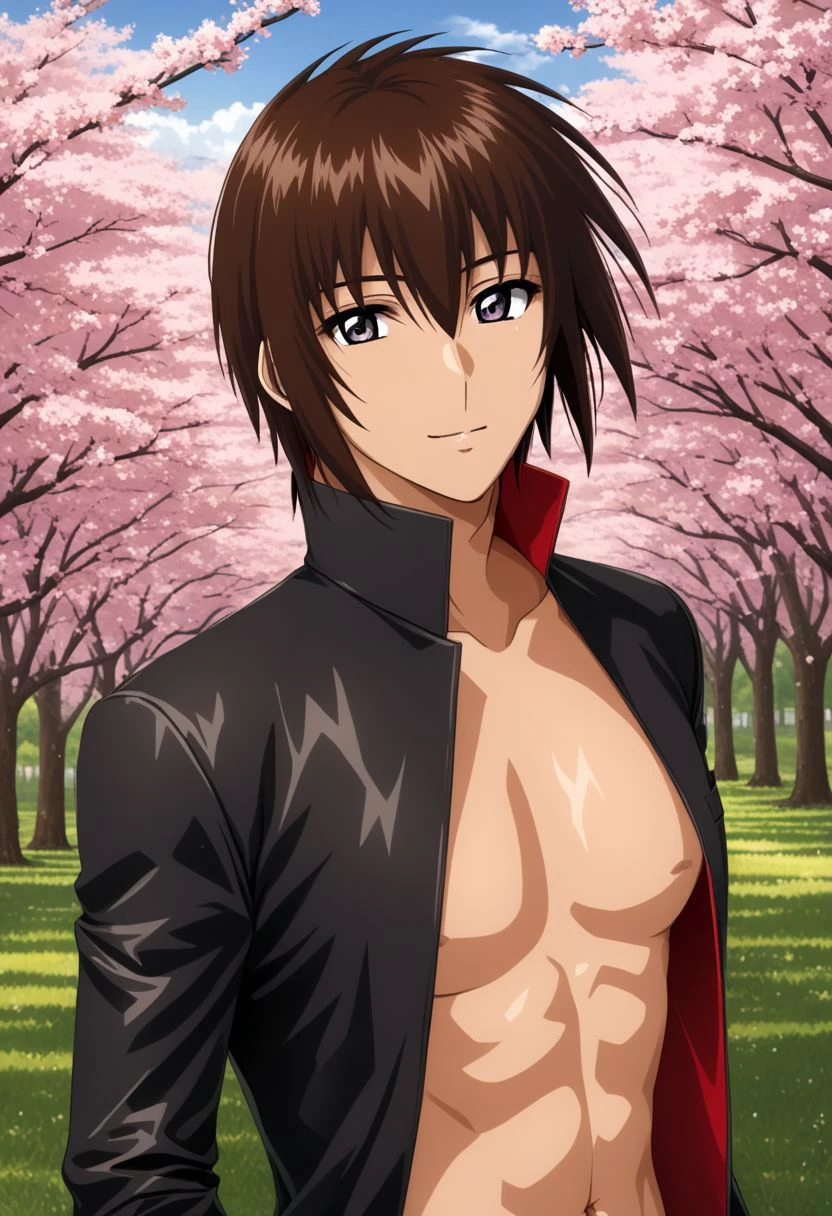 ASCII kira_yamato, hair parting left, 1man, mature adult male focus, solo, black jacket with red lining, black stripes, slim, thin waist, warm beige skin, brown hair,
detailed symmetric glossy eyes, expressive eyes, large purple eyes, looking at the viewer,
sexy posing, sakura trees background, sweaty, 
detailed torso, full body portrait,
masterpiece, best quality, ultra high res, intricate detail, clamshell warm lighting