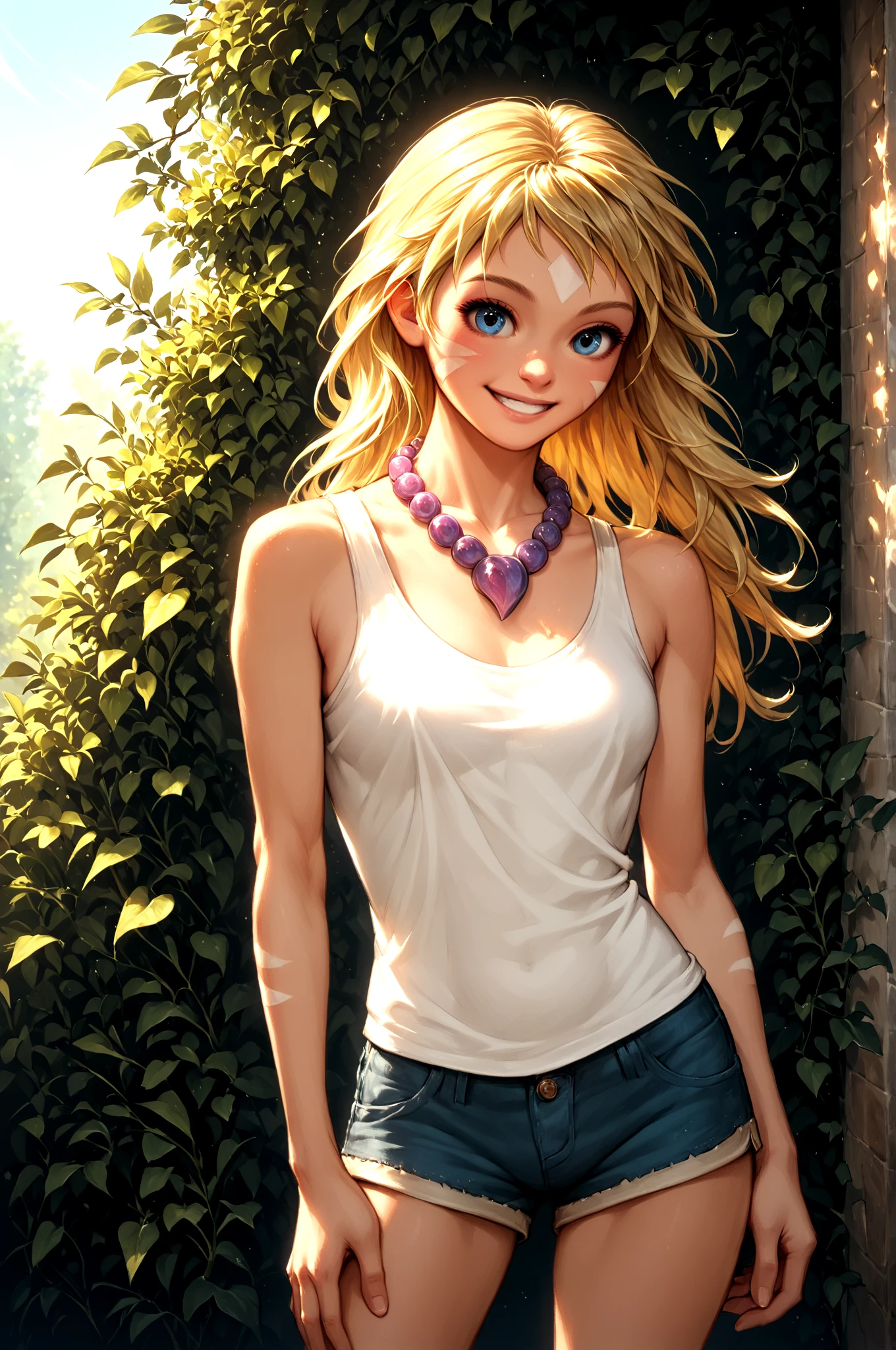 score_9,score_8_up,score_7_up,  <lora:Kid_cc_100steps16DimV2-000005:0.99> kid_cc, blonde_hair, facial_mark, necklace, long_hair, straight_hair, 
shorts, tank_top, 
cowboy_shot, smile, , (high quality, detailed, beautiful)