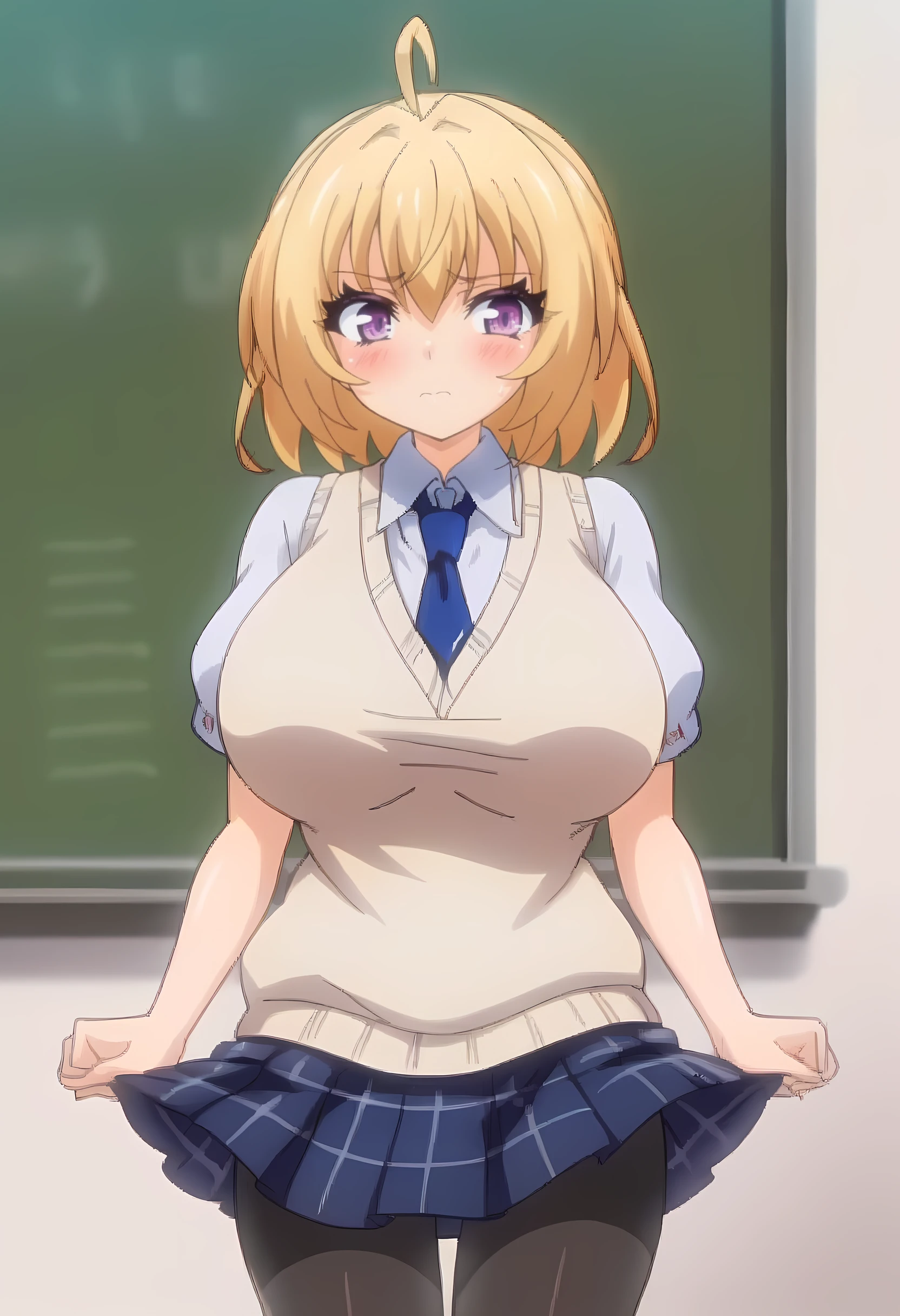32k, chica estilo anime, cowboy shot, yoshino_koiwai, brown hair, yellow eyes, short hair, braid, side braid, single braid, bangs, big breast, tits, hair ornament, bow, bowtie, cian panties, blushing,wearing a brown miniskirt with squares, blue yersey with a white shirt, with a red tie, squatting on the floor, blushing, in a classroom.