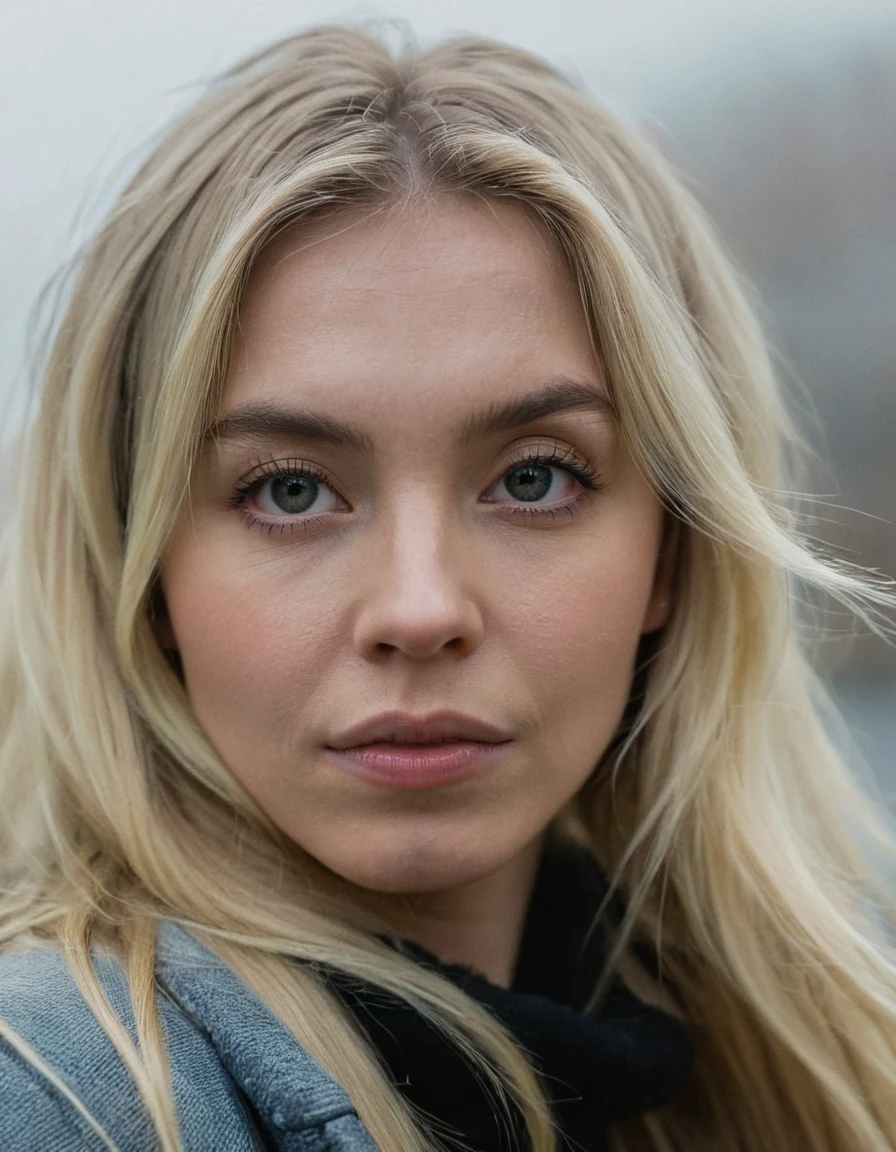 professional photo portrait of sydsw woman,her hair is blonde and long,close-up,looking at camera,depth of field,bokeh,fog,dimly lit,gloomy