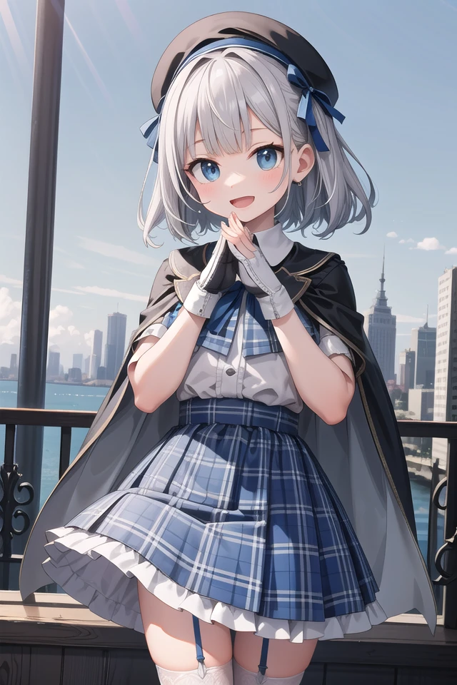 (cleavage:-1.5), insanely detailed, absurdres, ultra-highres, ultra-detailed, best quality,
1girl, solo, nice hands, perfect hands,
BREAK
(gothic drress, Idol costume:1.3), (blue and white theme:1.2), (white blouse:1.4), (white collar, tie:1.3), (open short-cape:1.3), (short sleeve:1.2), (blue tartan-check pattern (ruffle-skirt, multilayer-skirt):1.4), (white basque-beret with ribbon:1.3), (Fishnet stockings:1.3), (glove:1.2), (cleavage:-1.5)
BREAK
happy smile, laugh, open mouth,
standing,own hands together,
cowboy shot,
BREAK
slender, kawaii, perfect symmetrical face, ultra cute girl, ultra cute face, ultra detailed eyes, ultra detailed hair, ultra cute, ultra beautiful,
BREAK
cityscape in tokyo, ultra detailed background, blue sky, bay side, panorama view,
medium breasts, white hair, blue eyes