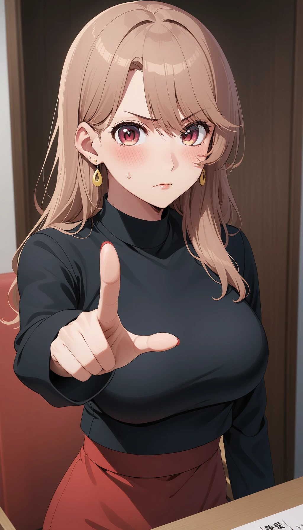 (very aesthetic, best quality, ultra detailed), looking at viewer, solo, 1girl, miyako saitou, earrings, (breasts), blush, angry, sweatdrop, (red dress, black jacket), indoors, pointing at viewer, <lora:Miyako_Saitou:0.75>