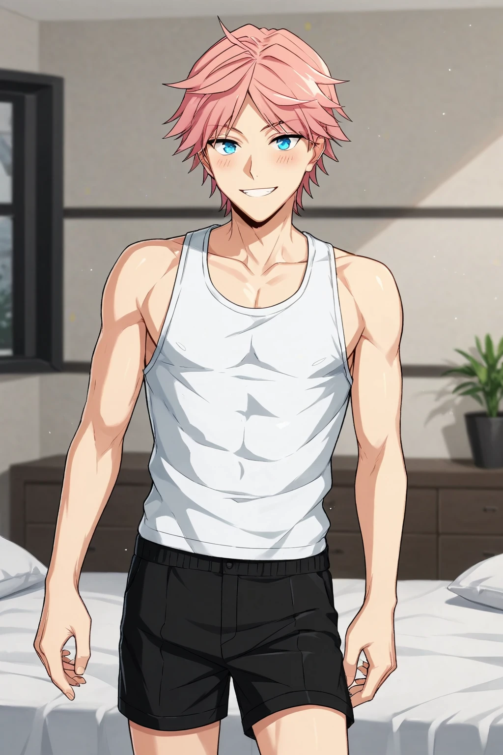 masterpiece, best quality red eyes, game cg, 1boy naked and V-Line sweating, solo, male focus, (looking at viewer), upper body sweating, natsu_dragneel Natsu Dragneel, pink hair, brown eyes, shirtless naked, ((white scarf:1.2)), toned muscle sweating, pectorals, 8 abs, toned legs, naked legs, slightly bulged,  detailed, bedroom lighting, well lit, naked body, shower in the background, ((upper body)), (naked flaccid penis:1.2) (body against glass:1.5)