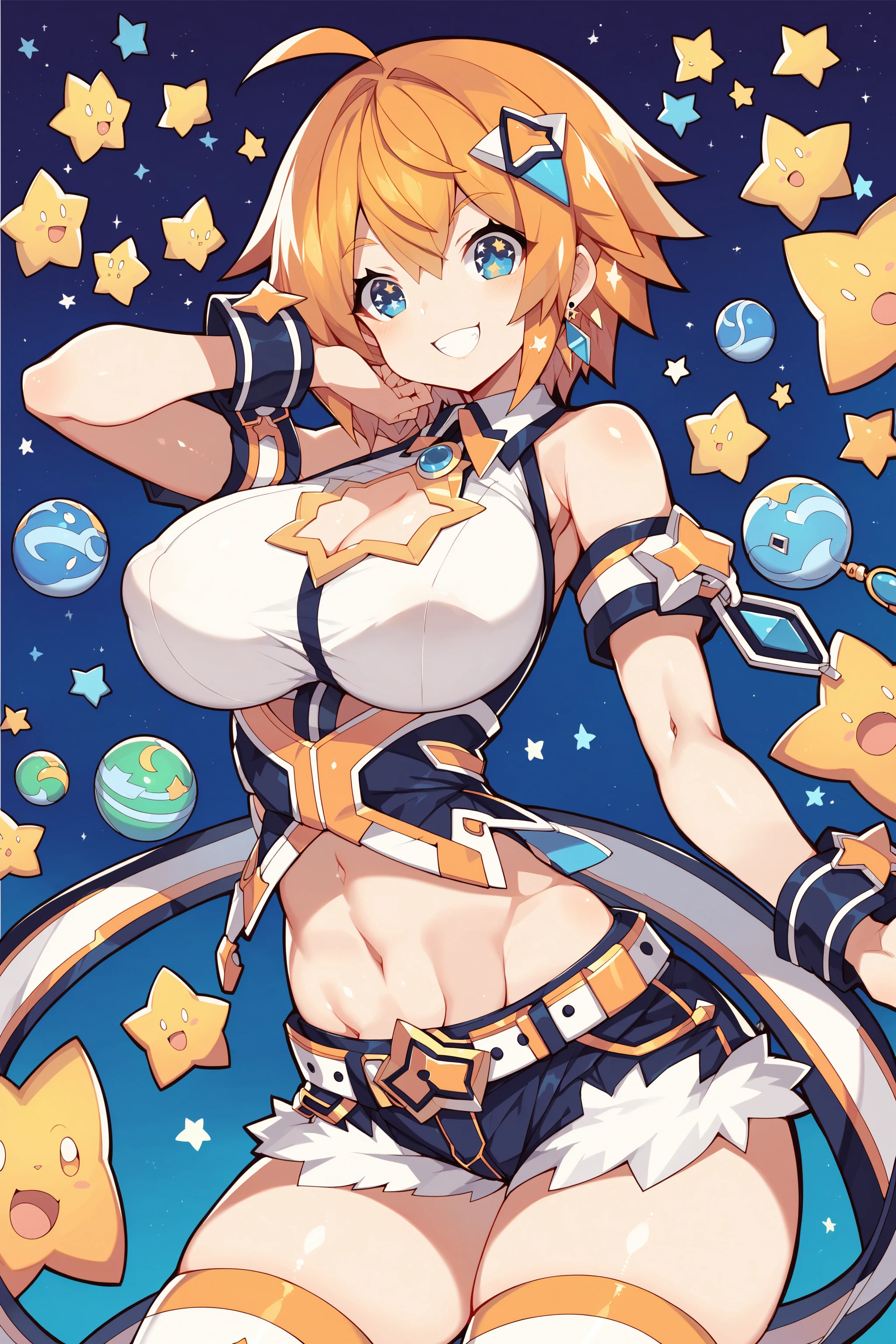 (masterpiece), (highest quality), ((Super detailed))、(super delicate)、Cute naughty monk girl、Pastel colors hair、(large breasts:1.2, Thighs:1.2, thick legs:1.2, curvy:1.2)、Gorgeous、yellow orange hair, undercut, two side up, short hair, (naked:1.4), standard height, (laughing、blush:1.2, grin, smug, fang:1.2), fighting pose