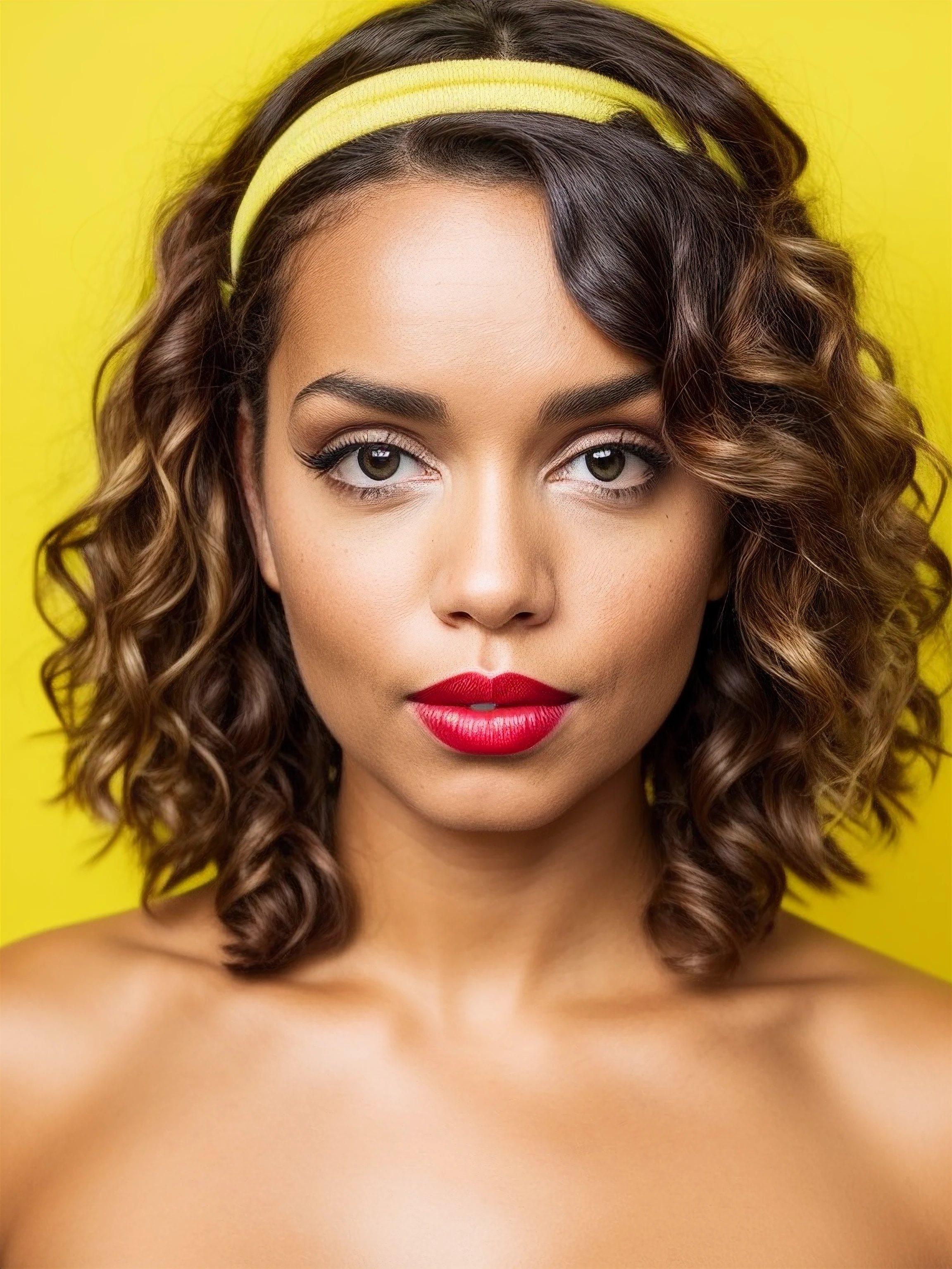 galicecampbell, 1girl, curly hair, lipstick, detailed eyes, hairband, yellow background, <likenesshelpbyshurik3>
