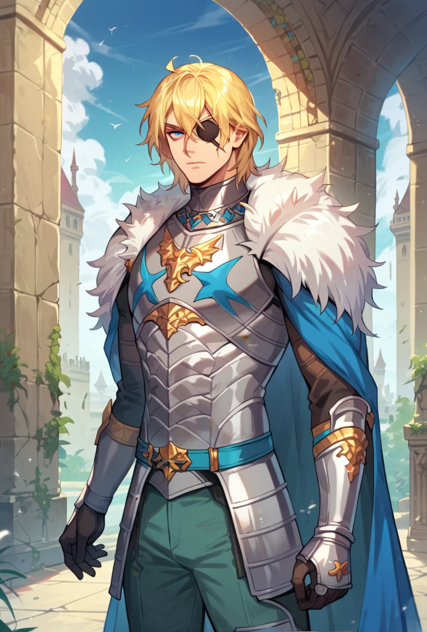 score_9, score_8_up, score_9, score_8_up, dimitrife, dimitribrave, 1boy, solo, blonde hair, medium hair, messy hair, eyepatch on right eye, blue eyes, white fur trim, armor, teal pants, serious, looking at viewer, castle, outdoors, ruins