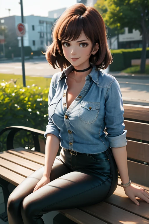 masterpiece, best quality, absurdres, 1girl, solo, FujikoMine, medium hair, black choker, collared shirt, denim shirt, sleeves rolled up, black pants, sitting, outdoors, on bench, smile, <lora:CHAR-FujikoMine:1>