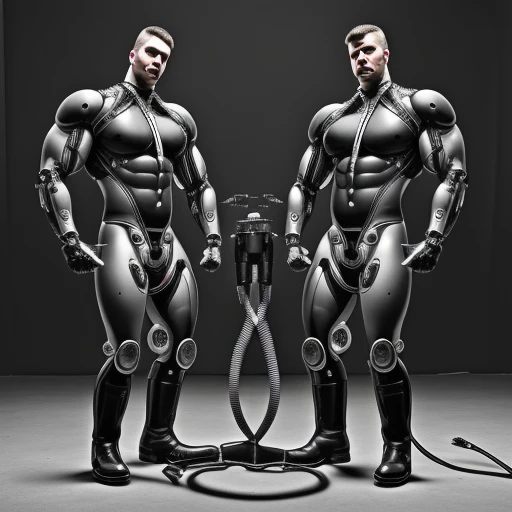 pectorals, cyborg, 2boys, cable, ground vehicle, green eyes, cowboyboots, single mechanical arm, large pectorals, monochrome, motorcycle