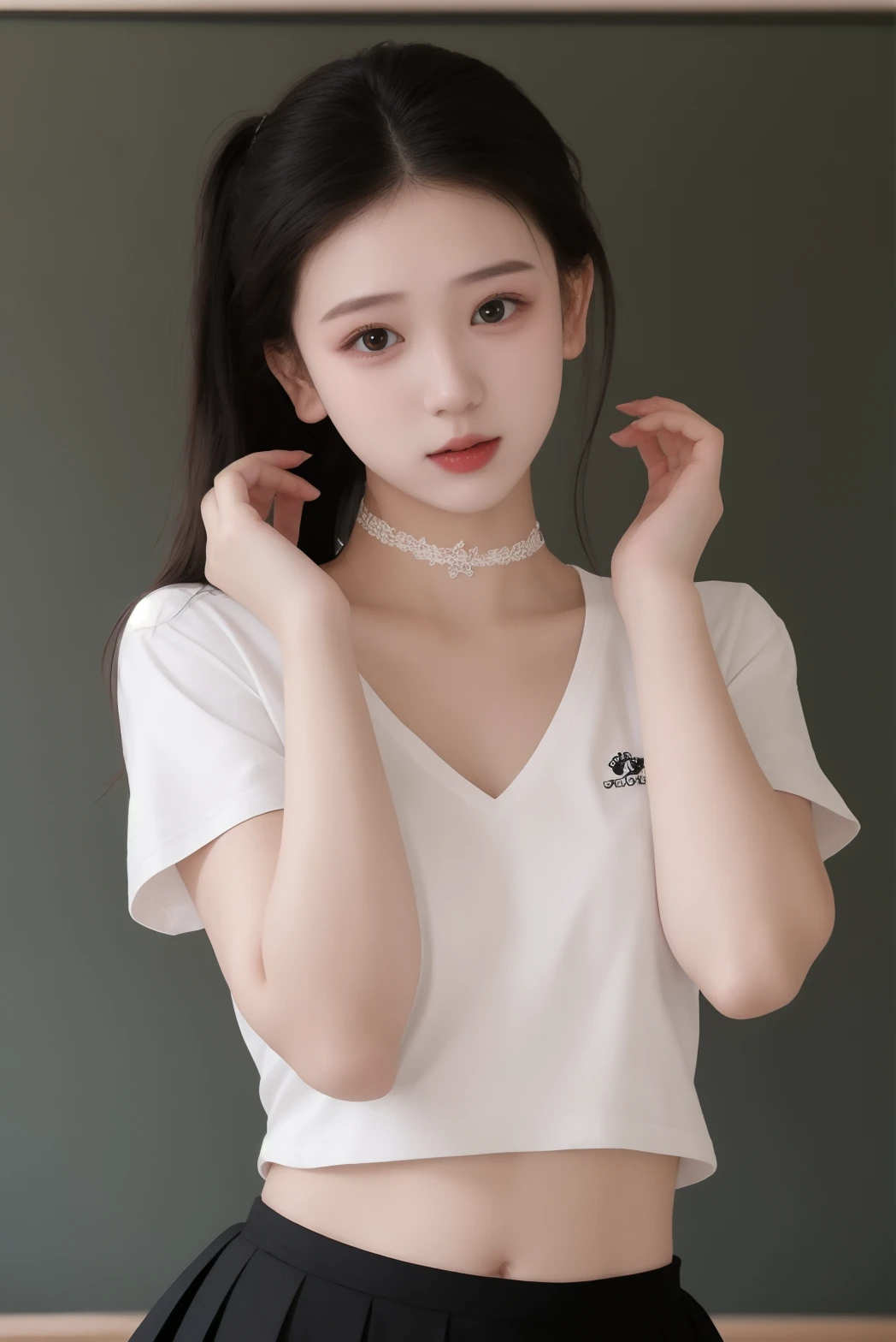 1girl, high quality, upper body, skirt hold, t-shirt, navel, skin tight, v-neck, choker, mole under eye, classroom, lace trim, 
  <lora:zbkxy_v1-000008:0.5> <lora:ip-adapter-faceid-plusv2_sd15_lora:0.6>