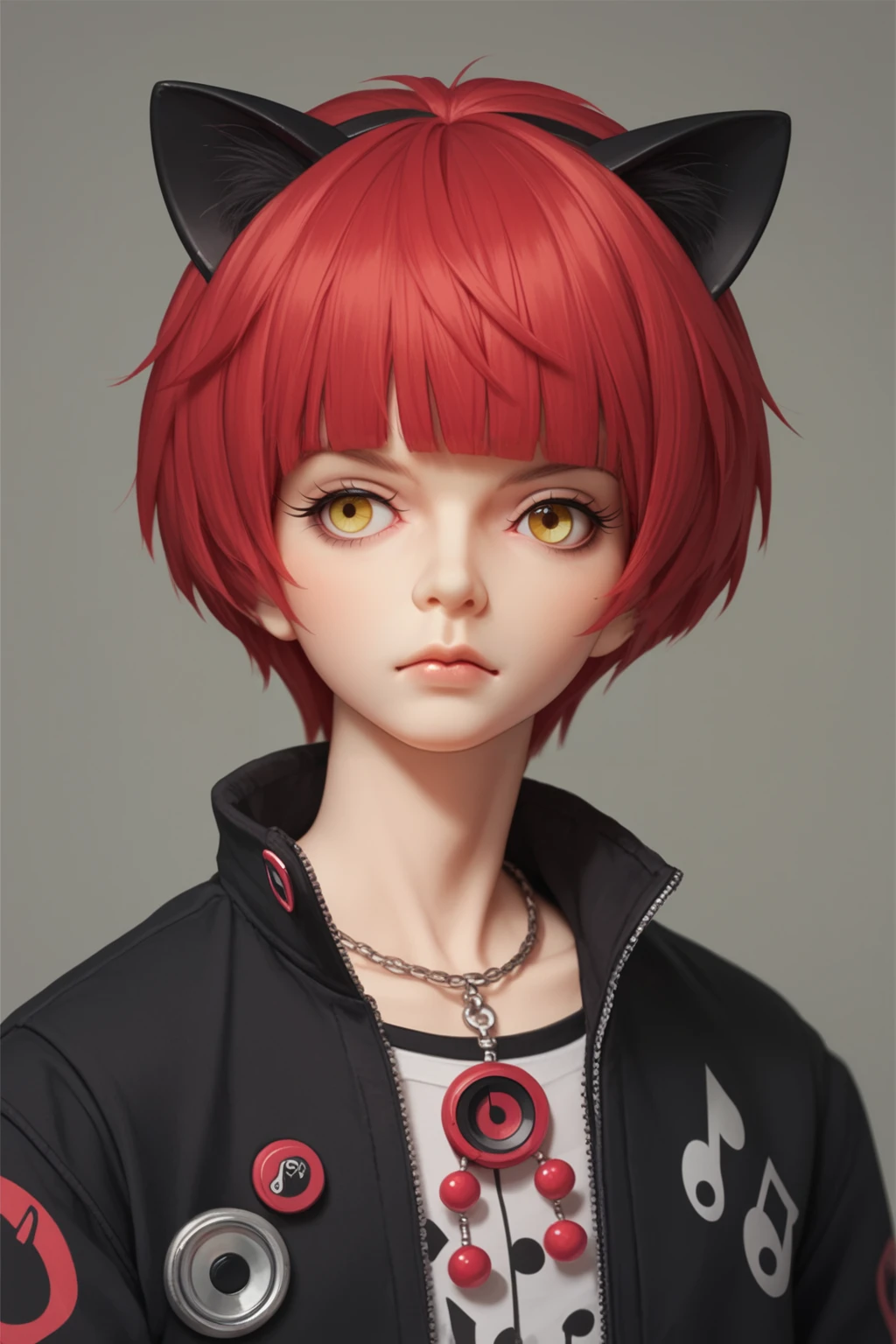 PonyXLV6_Scores, 1girl, animal ears, cat ears, yellow eyes, red hair, ball joints, bjdzx, blunt bangs, blurry, eyelashes, jewelry, score_6_up, score_9, short hair, solo, ultrasharp, vinyl texture,  