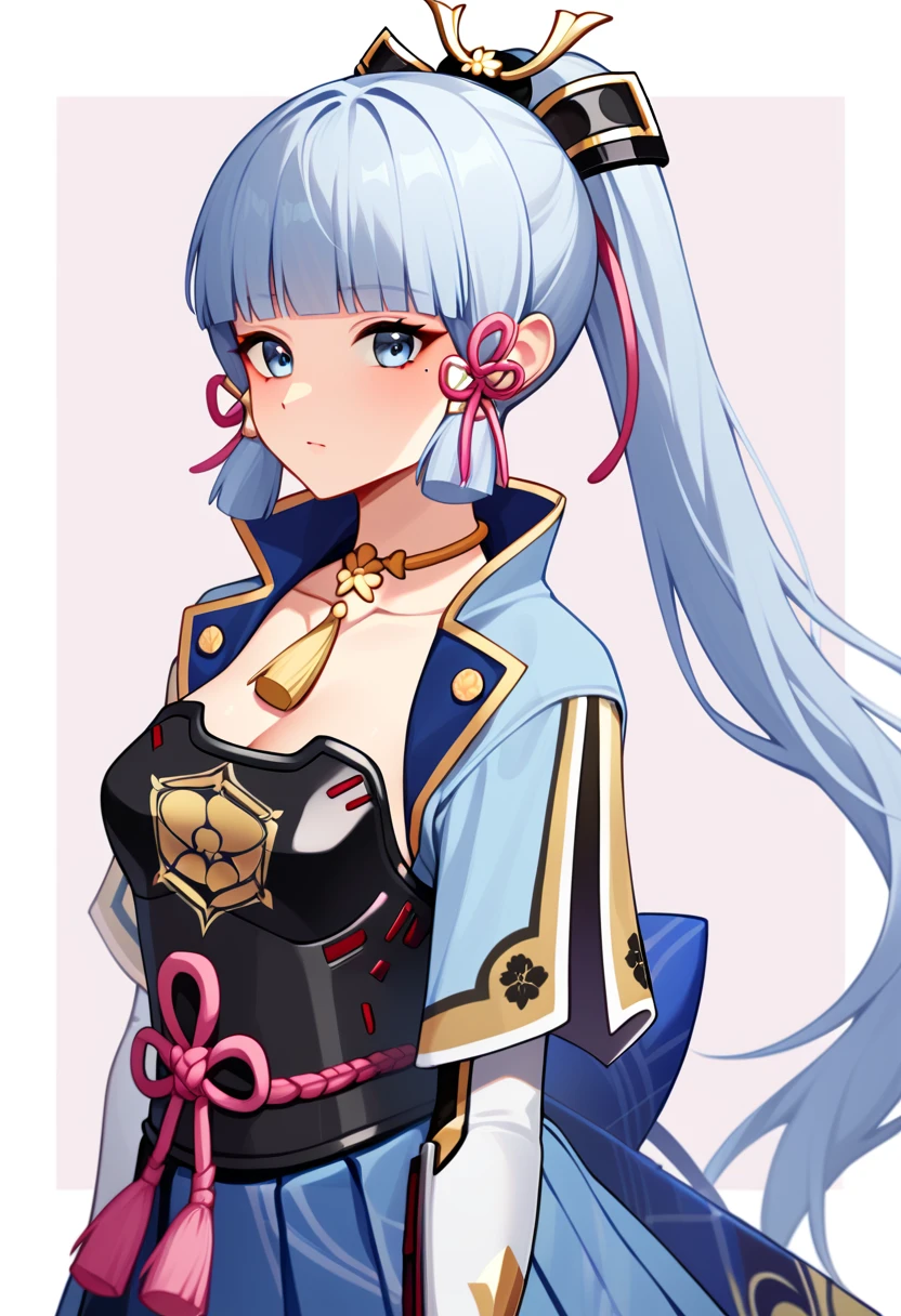 score_9,score_8_up,score_7_up,<lora:genshin_pony_v3:1>,1girl,kamisato_ayaka,solo,light_blue_hair,long_hair,ponytail,hair_ornament,medium_breasts,cleavage,arm_guards,armored_dress,blue_eyes,blunt_bangs,breastplate,bridal_gauntlets,flower_knot,hair_ribbon,japanese_armor,japanese_clothes,kamisato_clan_\(emblem\),neck_tassel,pink_ribbon,tassel_choker,