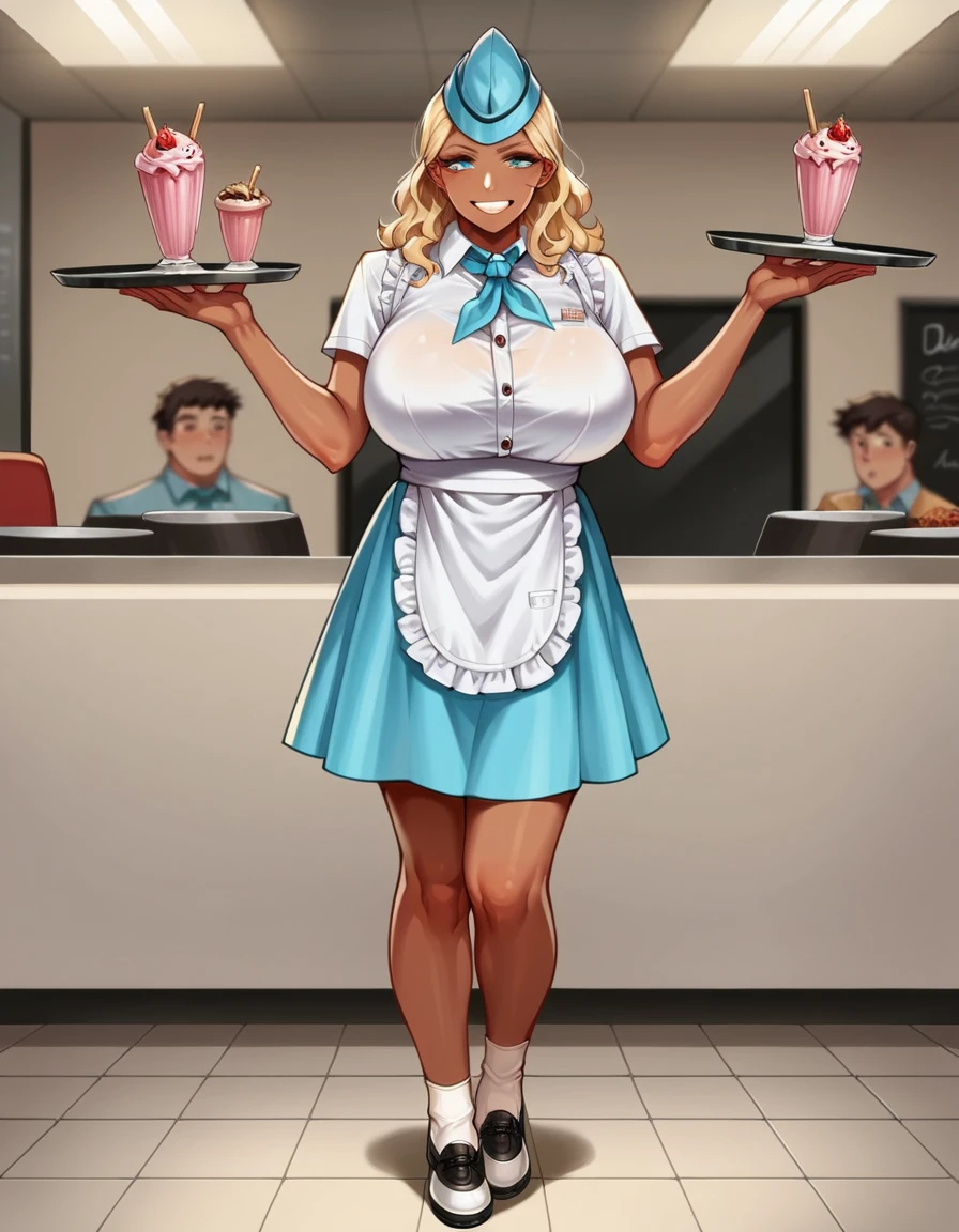 score_9, score_8_up, score_7_up, score_6_up, score_5_up, score_4_up, source_anime, best quality, (solo:1.3),diner, 1boy, dark skin, 1girl, long curly blonde hair, huge breasts, hud_wttress, collared shirt, blue skirt, neckerchief, garrison cap, apron, socks, shoes, <lora:hud_wtrss_XLP:0.7>, tray, smile, milkshake, full body