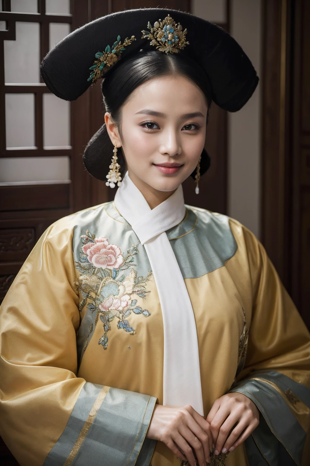 ((Masterpiece, best quality, edgQuality)),smile,
qingchao, a woman in a traditional chinese dress poses for a picture , woman wearing a qingchao_dress, qingchao_haircut, qingchao_scarf
 <lora:edgQingChaoRediscovery:1>