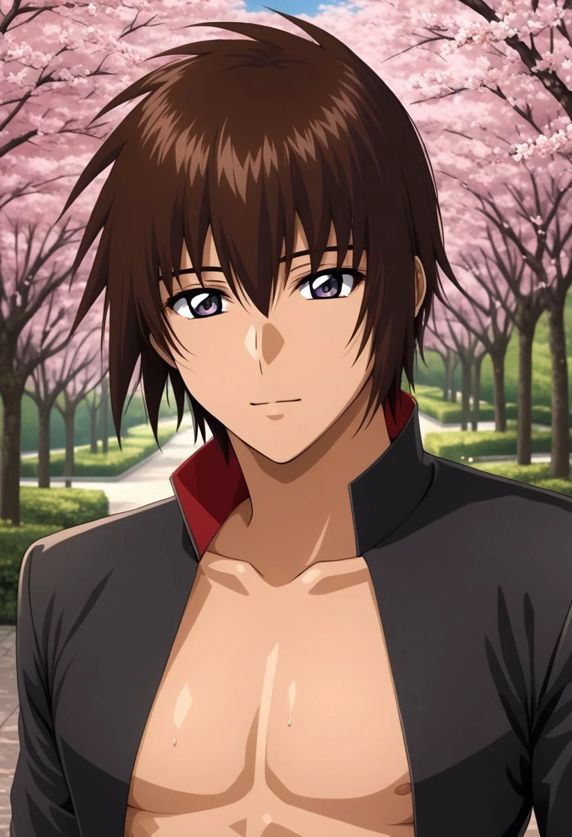 ASCII kira_yamato, hair parting left, 1man, mature adult male focus, solo, black jacket with red lining, slim, thin waist, warm beige skin, brown hair,
detailed symmetric glossy eyes, expressive eyes, large purple eyes, looking at the viewer,
sexy posing, sakura trees background, sweaty, 
detailed torso, full body portrait,
masterpiece, best quality, ultra high res, intricate detail, clamshell warm lighting