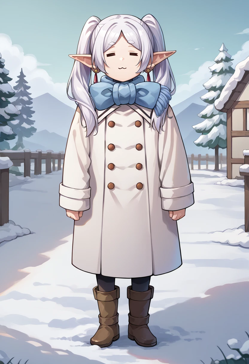 score_9, score_8_up, source_anime, 1girl, solo, FrierenWinter, green eyes, white hair, long hair, twintails, earrings, blue scarf, white coat, black pantyhose, brown boots, =w=, :3, = =, eyes closed, full-length portrait, outdoors, winter, snow, wide shot, <lora:ChamFrierenPonyXLCame-000008:1>, <lora:ChamElfExpressionPonyXL:1.2>