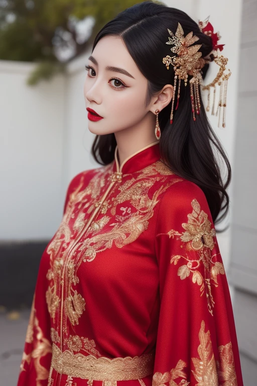 ltra-detailed,highly detailed,best quality,masterpiece,illustration,realistic,photorealistic,
xiuhefu, red theme clothes, 
1girl, solo, 
black hair, hair ornament, 
looking at viewer, cowboy shot, 
outdoors, 
 <lora:xiuhefu_v1_02:0.7>