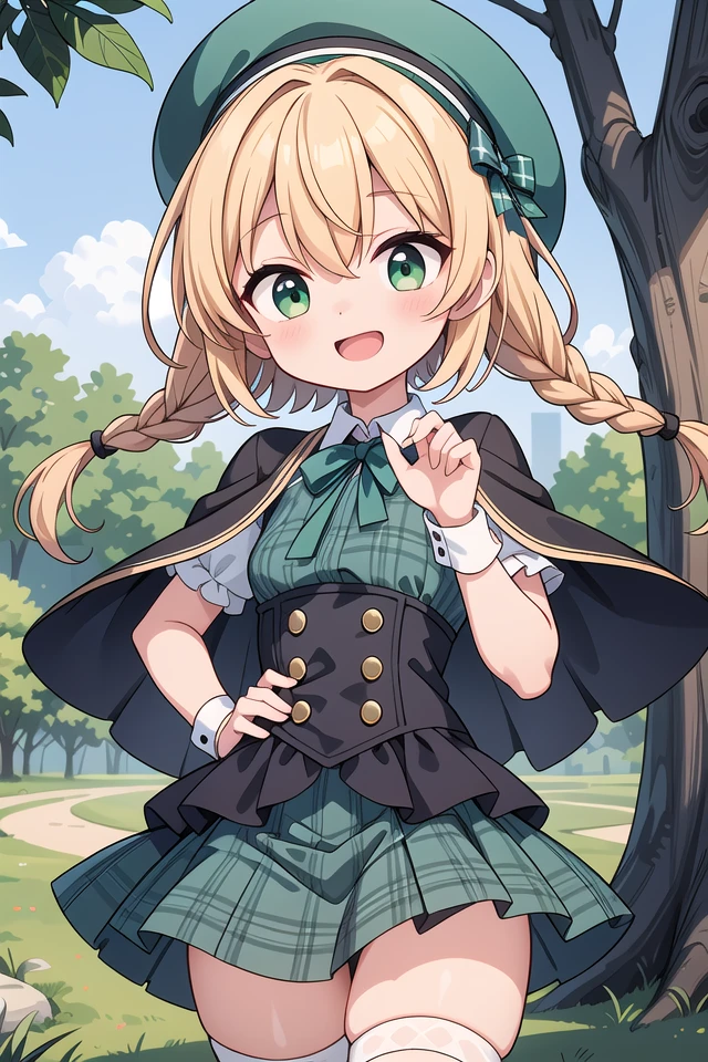 insanely detailed, absurdres, ultra-highres, ultra-detailed, best quality,
1girl, solo, nice hands, perfect hands
BREAK
((gothic dress, Idol costume):1.3), (green and white theme:1.2), (white blouse:1.4), ((white collar, tie):1.3), (open short-cape:1.3), (short sleeve:1.2), (green tartan-check pattern (ruffle-skirt, multilayer-skirt):1.4), (white basque-beret with ribbon:1.3), (Fishnet stockings:1.3), (glove:1.2), (cleavage:-1.5)
BREAK
happy smile, laugh, open mouth
BREAK
standing, cowboy shot, looking at viewer
BREAK
slender, kawaii, perfect symmetrical face, ultra cute girl, ultra cute face, ultra detailed eyes, ultra detailed hair, ultra cute, ultra beautiful
BREAK
in forest, depth of field, ultra detailed background
BREAK
medium large breasts
BREAK
orange hair, green eyes, braid, hair between eyes