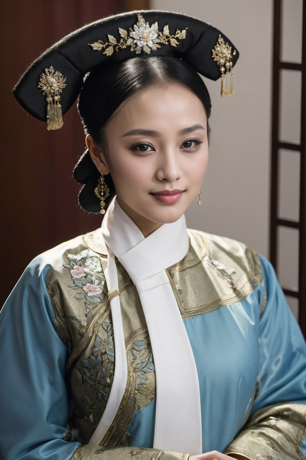 ((Masterpiece, best quality, edgQuality)),smile,
qingchao, a woman in a traditional chinese dress poses for a picture , woman wearing a qingchao_dress, qingchao_haircut, qingchao_scarf
 <lora:edgQingChaoRediscovery:1>