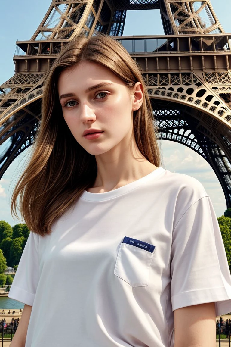 <lora:kawaii7.1.3_obj20:0.75:0.25>, European woman, closeup, (shirt), pants, (eiffel tower), (), ZM_afet, wide shoulders, perfect face, (contact iris: 1.1), pale skin, skin pores , depth of field