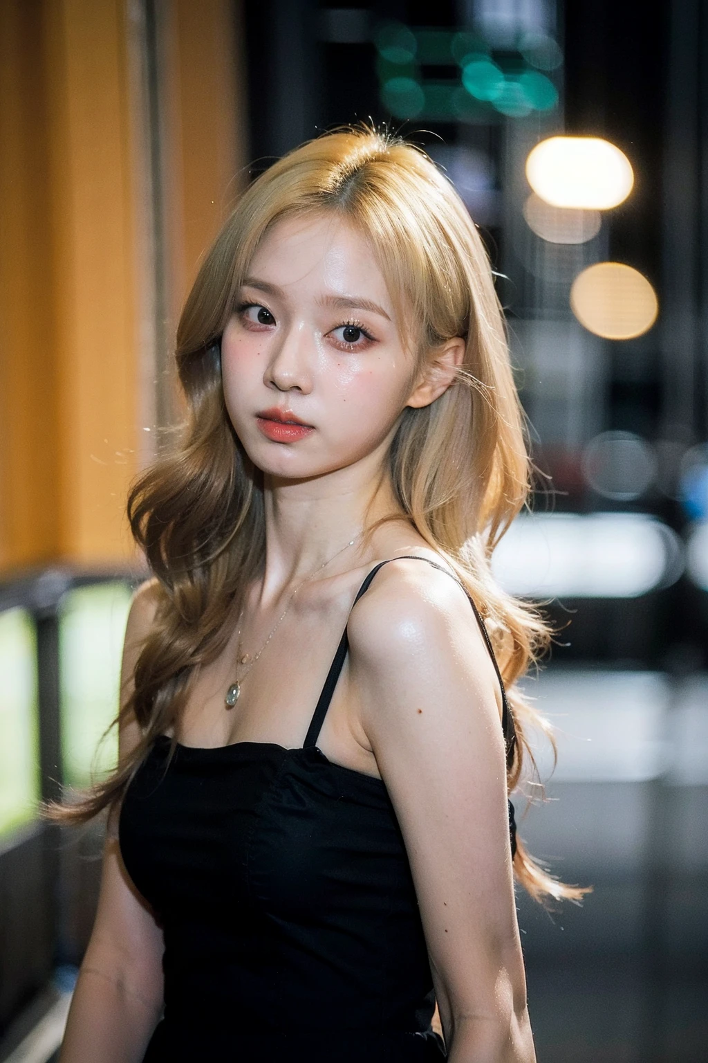 Best quality, masterpiece, ultra high res, (photorealistic), raw photo,1girl, skinny, upper body,solo, realistic, looking at viewer, long hair, bokeh background, city streets,brown eyes, black gothic sleveless dress, necklace, <lora:makina69_winter_v5.0.gold:1>, blonde hair