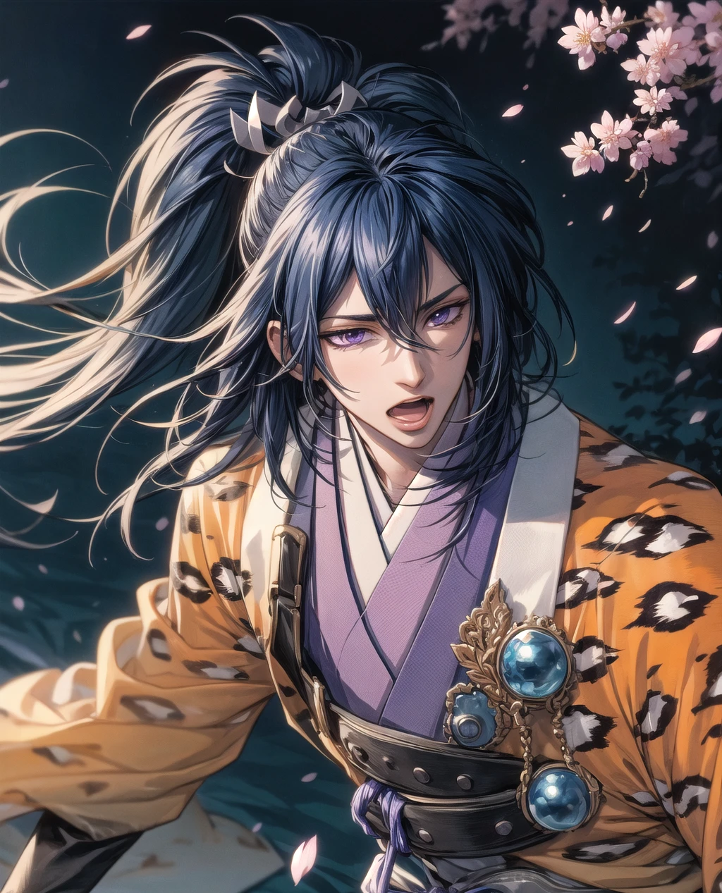 (masterpiece, best quality:1.3), 8k resolution, digital illustration, 3d, original, 2d, traditional media, cinematic, ultra-detailed portrait, hyperdetailed, (deep depth of field:1.3), y0rihisa, 1boy, bishounen, samurai, manly, male focus, (leopard print), Japanese clothes, belt, fingerless gloves, cowboy shot, fighting stance, japanese architecture, warrmth, detailed face, focus, open mouth, !, raised eyebrows, gradient, leaning forward, from side, handsome, manga cover, purple hair, purple eyes, hair intakes, high ponytail, sideways glance, soft lighting, floating hair, fingerless gloves, dynamic posture, volumetric lighting, bloom, petals, cherry_blossoms, (extremely detailed), intricate details,Hajime_Saitou,1 girl<lora:EMS-3262-EMS:0.400000>, <lora:EMS-29825-EMS:0.200000>, <lora:EMS-1093-EMS:0.300000>, <lora:EMS-179-EMS:0.200000>, <lora:EMS-91280-EMS:0.200000>, <lora:EMS-365546-EMS:1.000000>