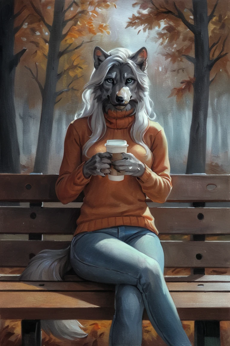 masterpiece, best quality, hi res, newest, traditional media, realistic, furry, werewolf, grey fur, long hair, white hair, blue eyes, orange sweater, long sleeves, blue jeans, holding cup, coffee cup, disposable cup, 1girl, solo, looking at viewer, cowboy shot, sitting, on bench, bench, outdoors, forest, autumn, falling leaves <lora:Green Patina Style LoRA_SeaArt Furry XL 1.0:0.7>