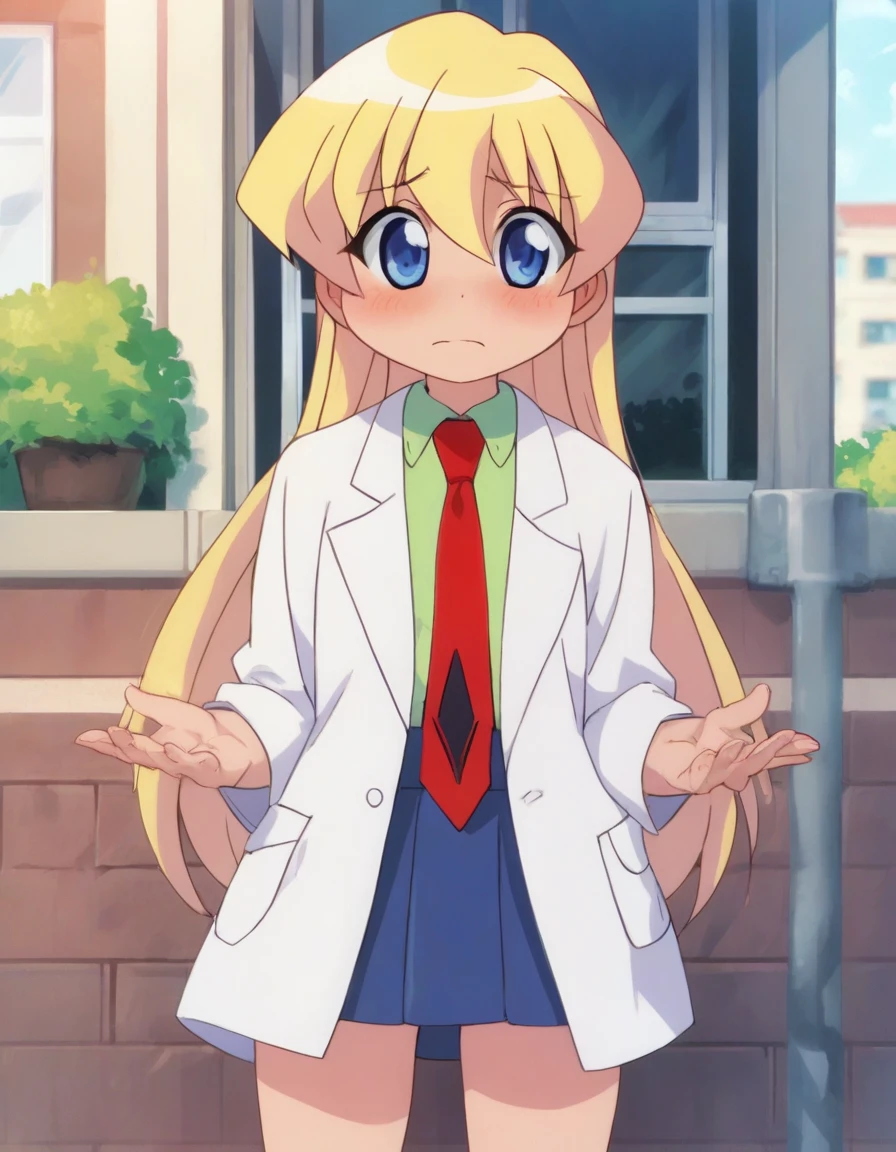 <lora:Smooth Anime 2 Style SDXL_LoRA_Pony Diffusion V6 XL:0.8> score_9, score_8_up, score_7_up,  score_6_up, score_5_up, score_4_up,  source_anime,  BREAK,  <lora:Rebecca Miyamoto PONY:1> 1girl, rebecca miyamoto, blonde hair, labcoat, long hair, blue eyes, necktie, skirt, blushing, outside, sunny