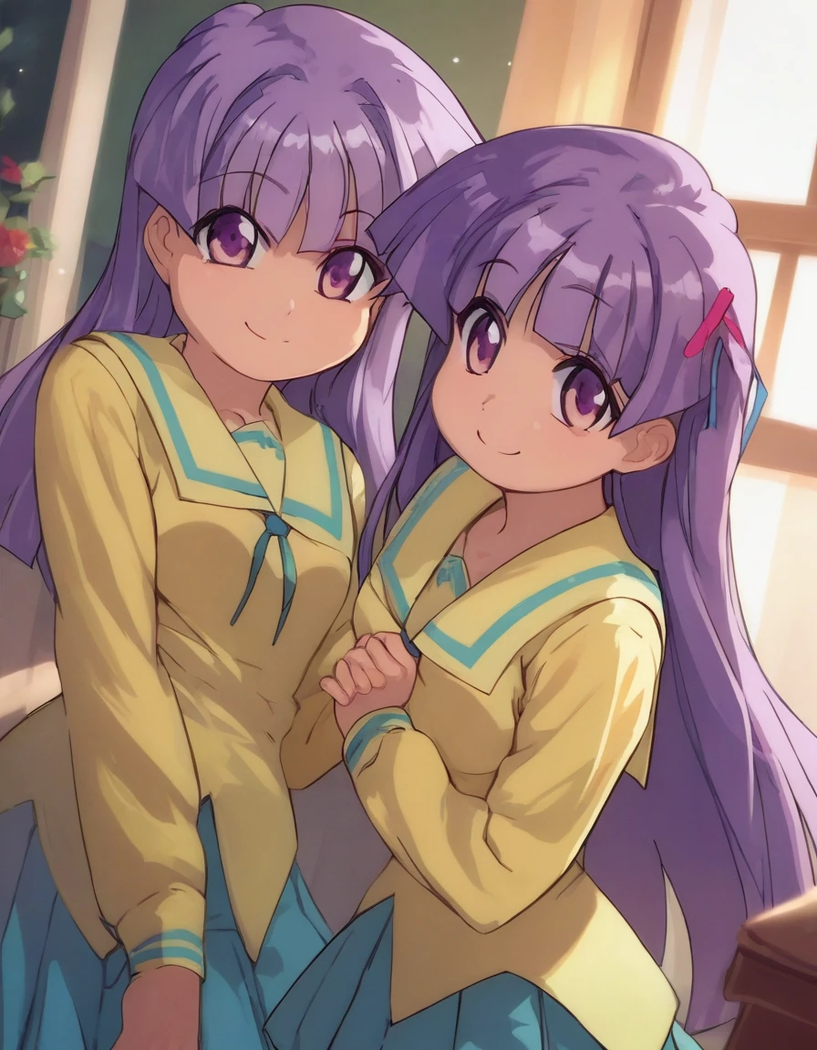 <lora:Smooth Anime 2 Style SDXL_LoRA_Pony Diffusion V6 XL:0.8> score_9, score_8_up, score_7_up,  score_6_up, score_5_up, score_4_up,  source_anime,  BREAK,  <lora:Kashiwagi twins PONY:1> 2girls, kashiwagi twins, (yellow school uniform), long hair, purple hair, purple eyes, smile
