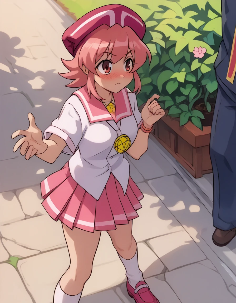 <lora:Smooth Anime 2 Style SDXL_LoRA_Pony Diffusion V6 XL:0.8> score_9, score_8_up, score_7_up, score_6_up, score_5_up, score_4_up, source_anime, BREAK, <lora:Behoimi PONY:1> 1girl, behoimi, short pink hair, pink school uniform, pink eyes, pentagram necklace, hat, skirt, blushing, outside, sunny