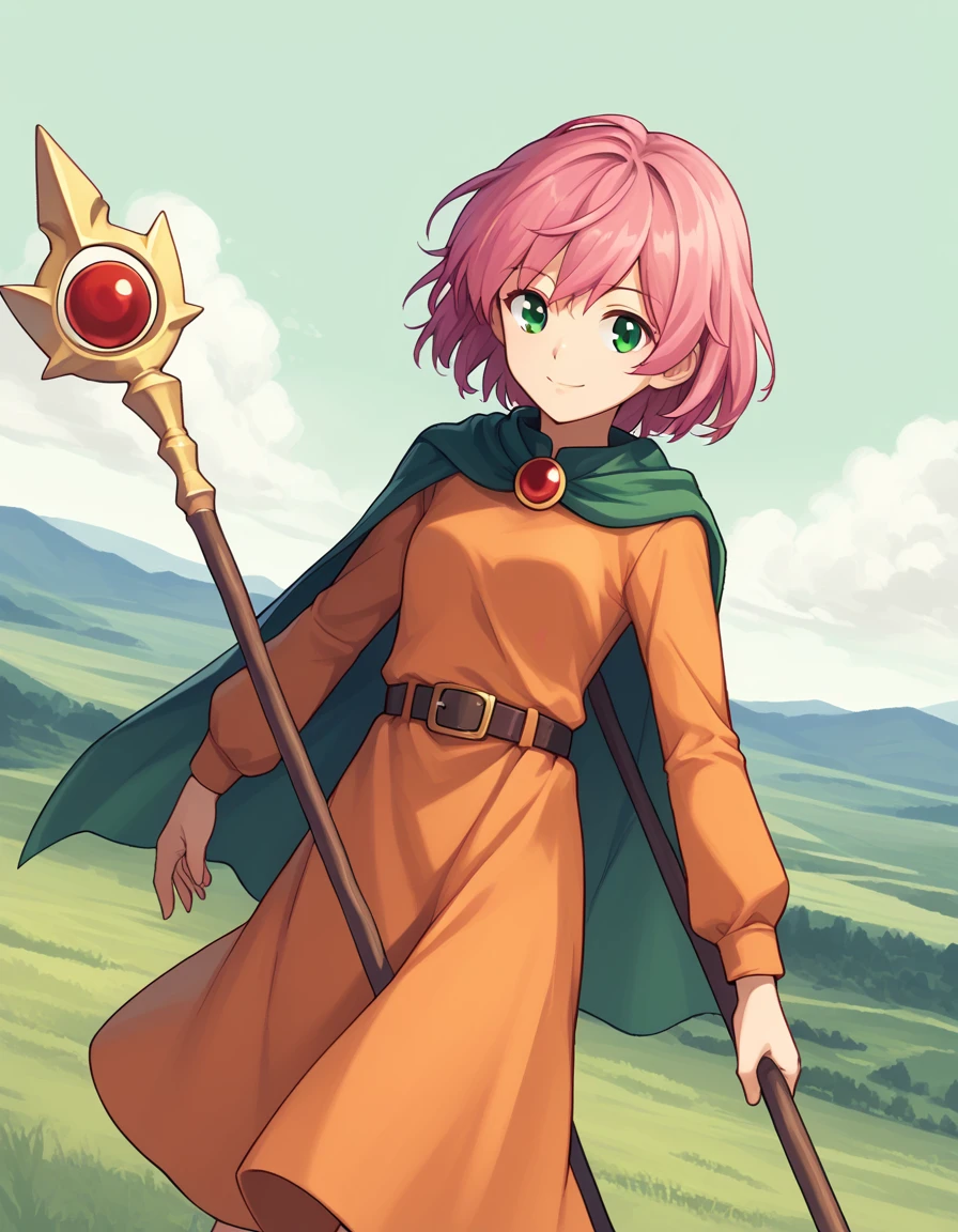 score_9, score_8_up, score_7_up, source_anime,
lennacharlottetycoon, <lora:lenna-charlotte-tycoon-ponyxl-lora-nochekaiser:1>,
short hair, green eyes, pink hair,
magicianlenna, bangs, long sleeves, hat, dress, belt, cape, staff, orange dress,
outdoors, landscape, smile,
looking at viewer, solo, cowboy shot, dutch angle,