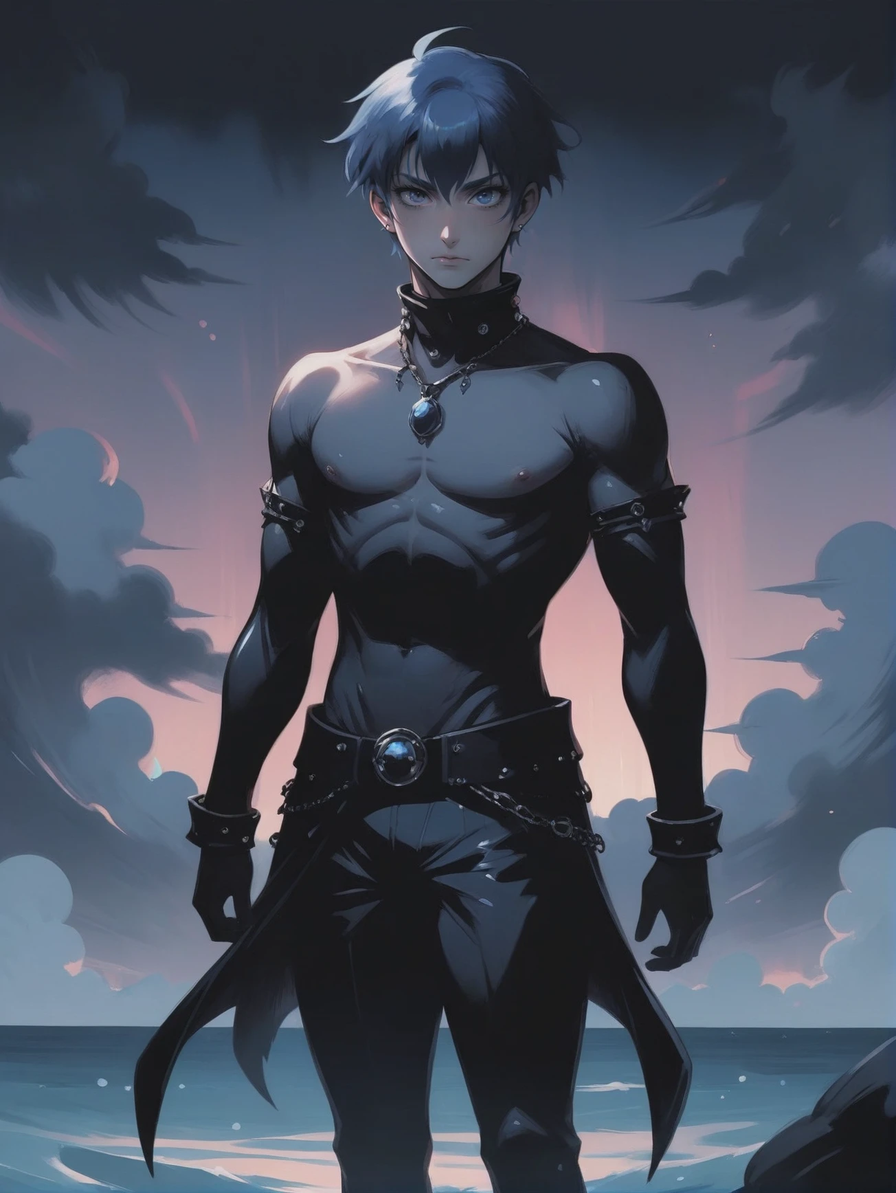 dark anime, 2d cel shaded, negative space, (full body:1.2), 1boy, man, bishounen, solo, [:creative costume design,:0.2] sorcerer, armor, (off shoulder shirt:1.3), caucasian, iridescent cadetblue hair, (average:1.2) build, Cloud Sea<lora:EnvyStarlightDarkAnime01:1>