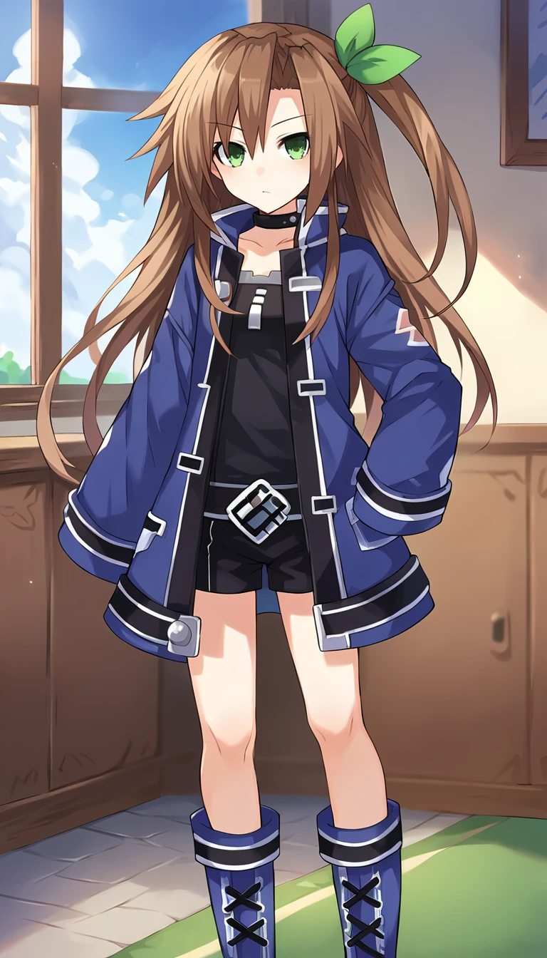 score_9, score_8_up, score_7_up, score_6_up, score_5_up, source_anime, 1girl, solo, brown hair, long hair, green eyes, green bow, ribbon, one side up, choker, blue jacket, collar, boots, black shorts, black shirt, standing, looking at viewer, dutch angle, cowboy shot, indoors, <lora:IF_Neptunia_PonyXL:0.8>, IF \(neptunia)\
