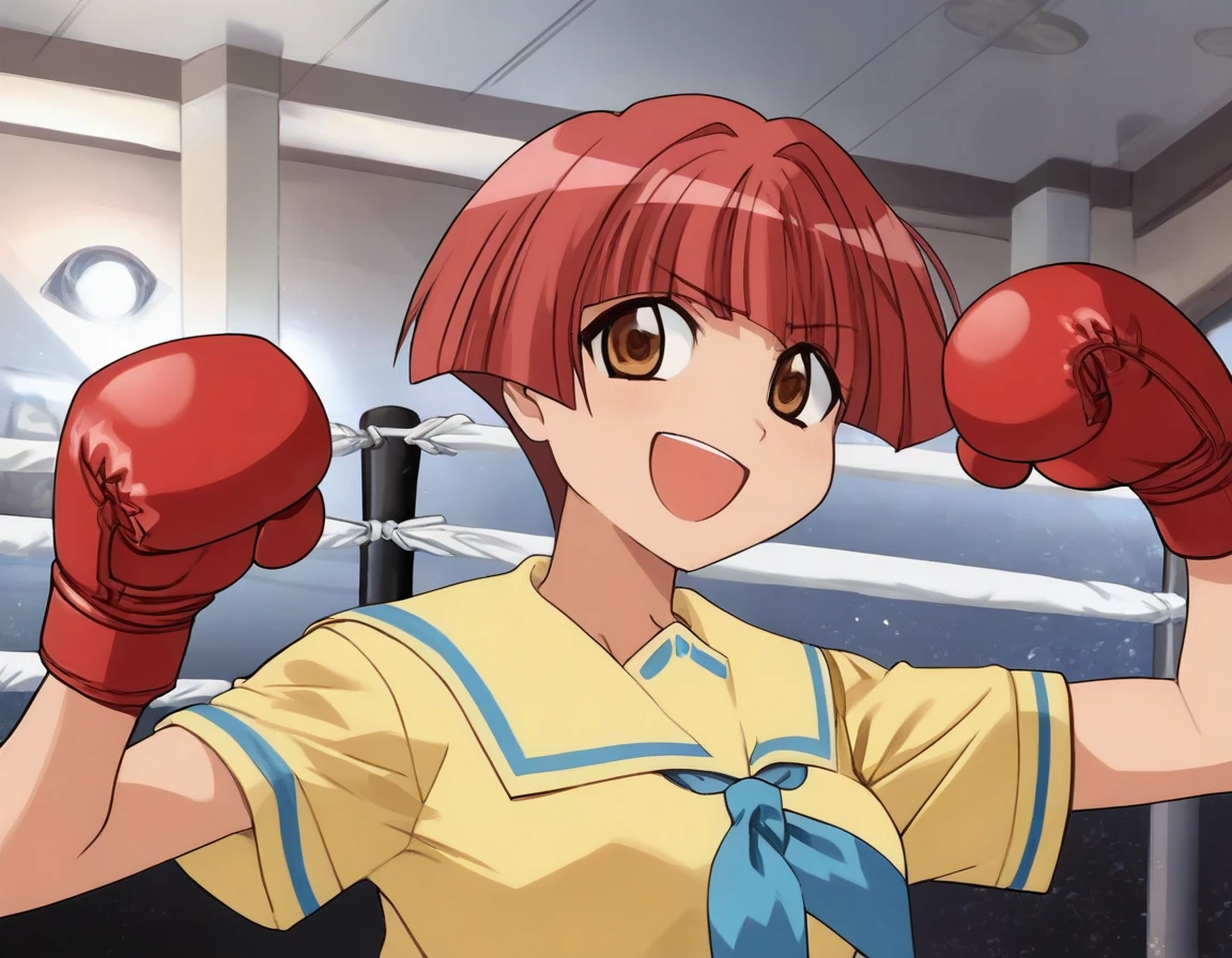 <lora:Smooth Anime 2 Style SDXL_LoRA_Pony Diffusion V6 XL:0.8> score_9, score_8_up, score_7_up, score_6_up, score_5_up, score_4_up, source_anime, BREAK, <lora:Miyata Akira PONY:1> 1girl, miyata akira, short red hair, brown eyes, bangs, school uniform, yellow shirt, skirt, in a boxing match, boxing gloves, evil smile